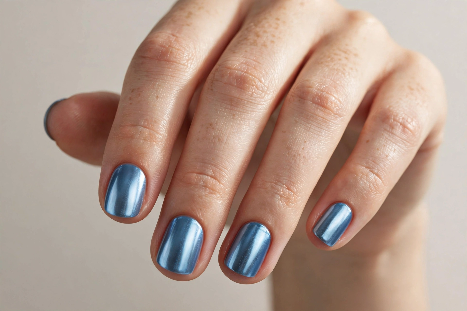 Short nails with icy blue chrome manicure
