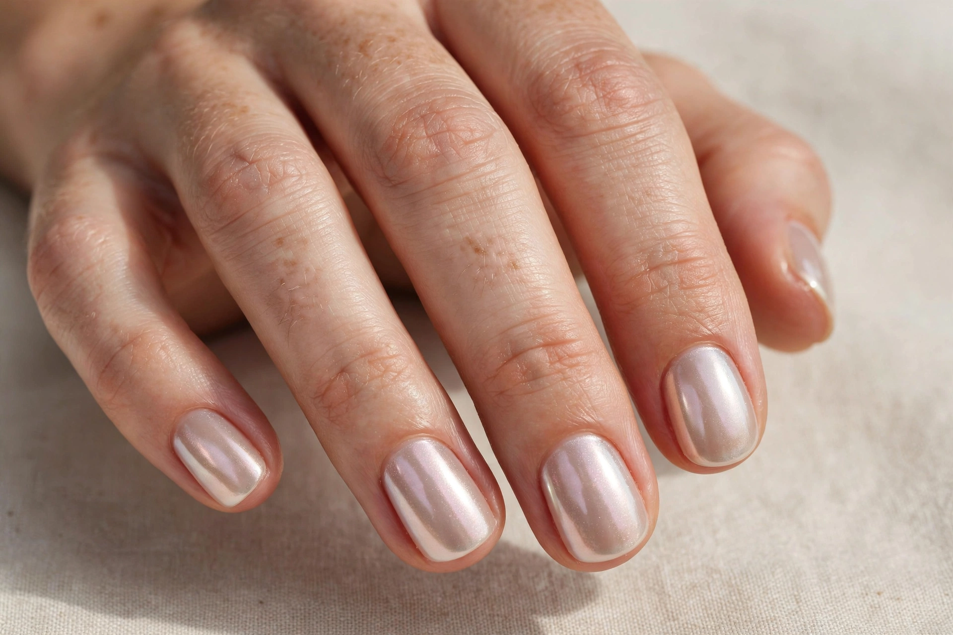 Short nails with glazed donut pearl shimmer chrome manicure