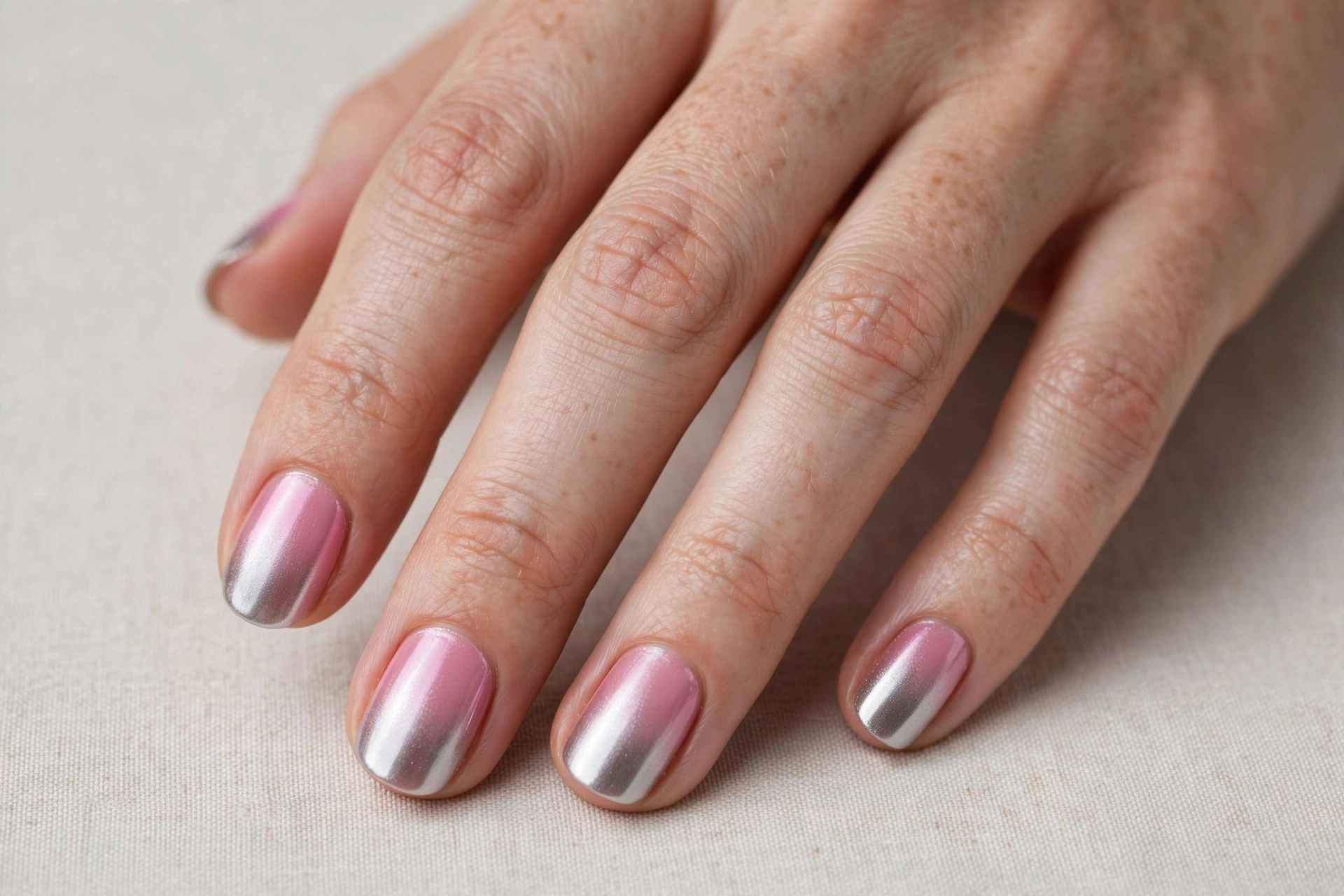 Short nails with pink to silver ombre gradient chrome manicure