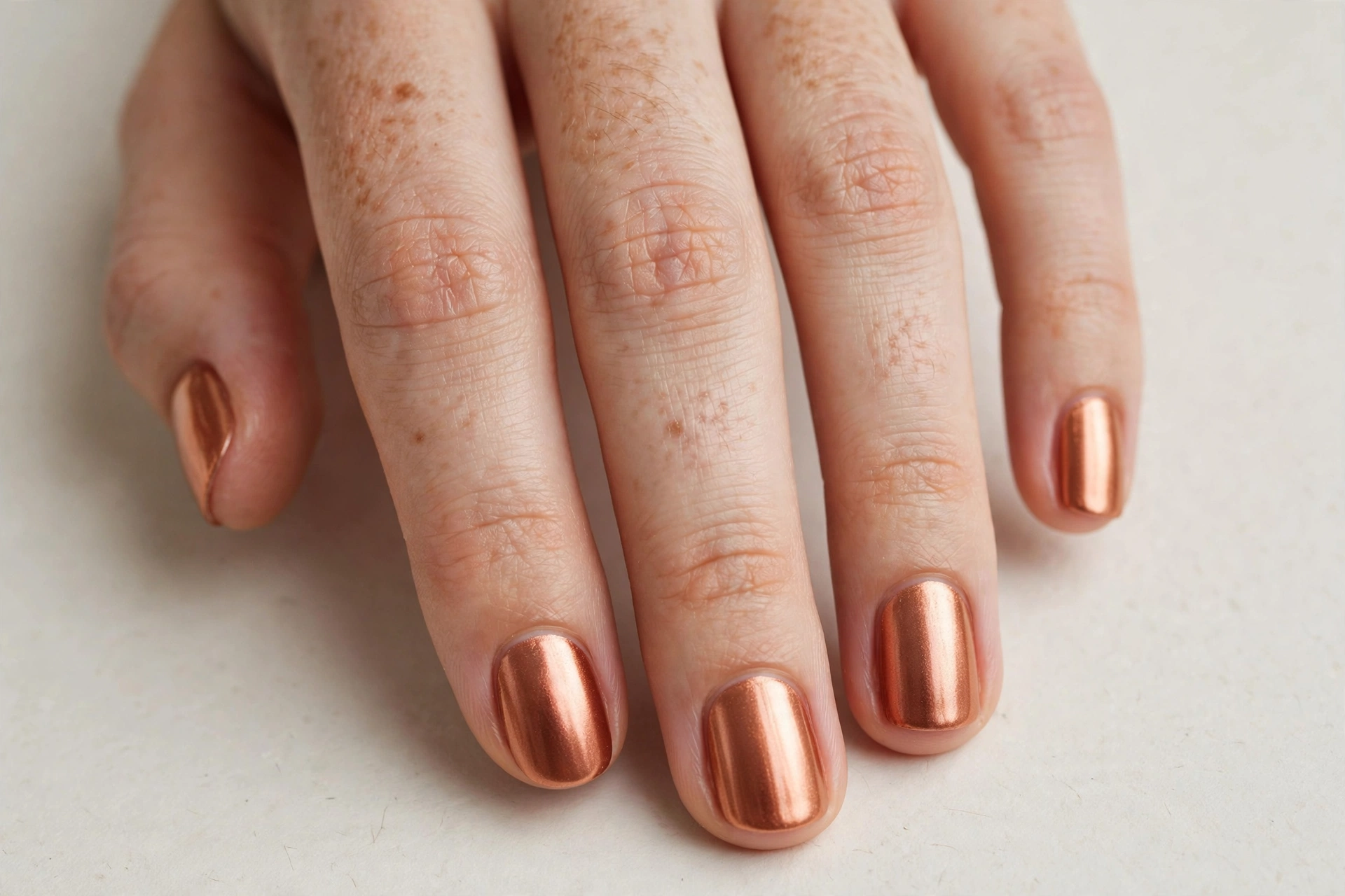 Short nails with warm copper chrome manicure