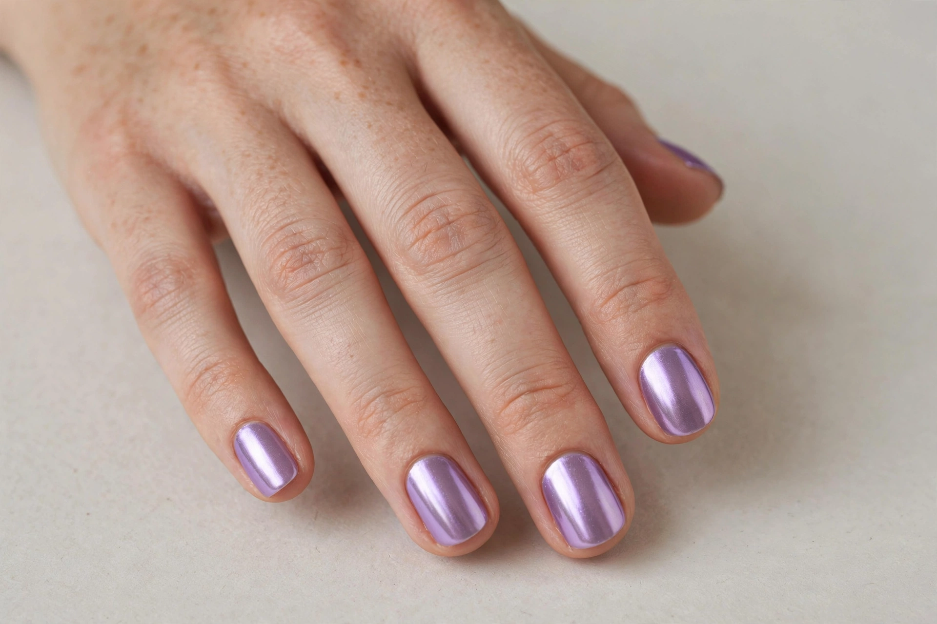 Short nails with soft lilac purple chrome manicure