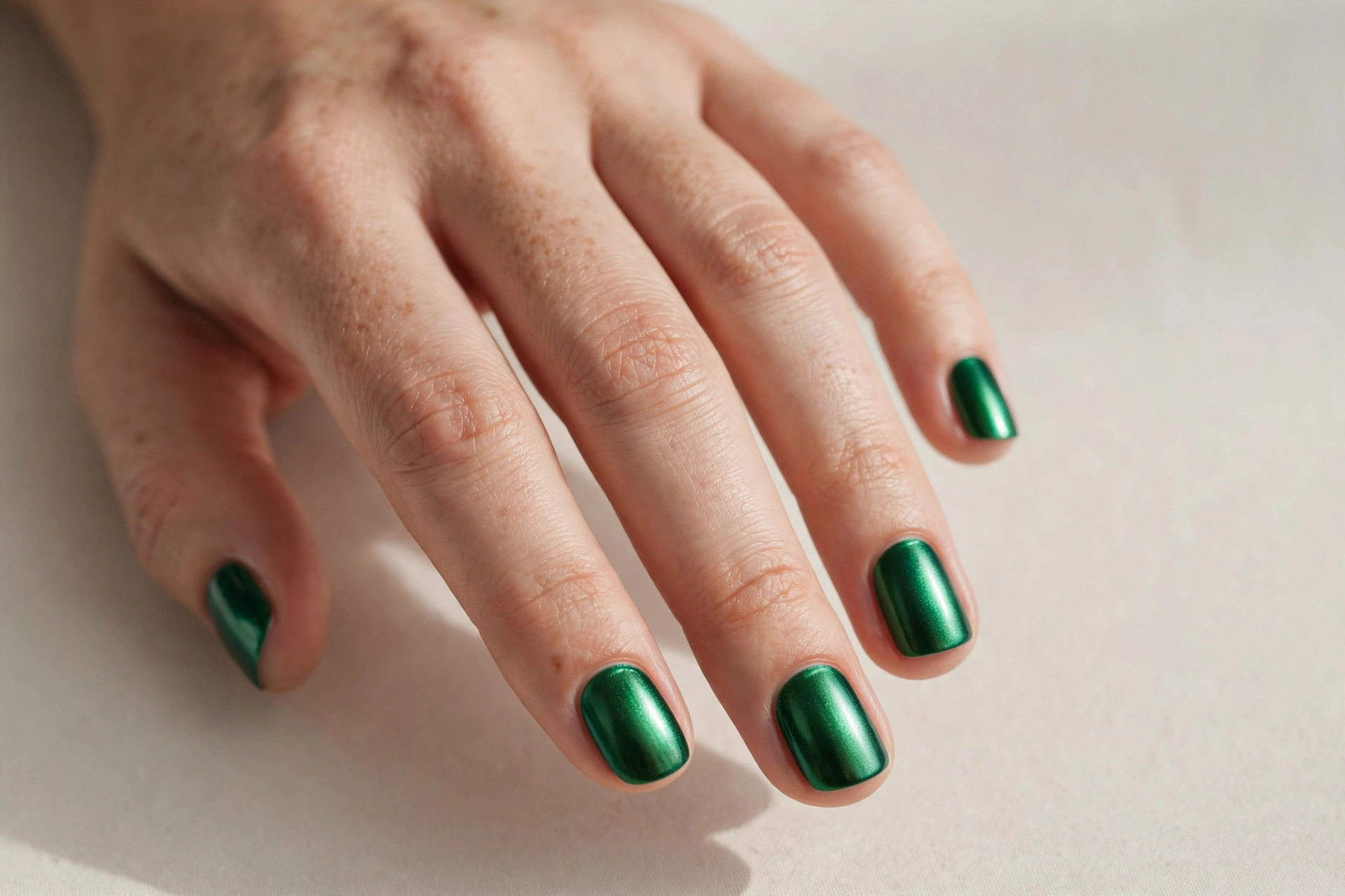 Short nails with emerald green chrome manicure