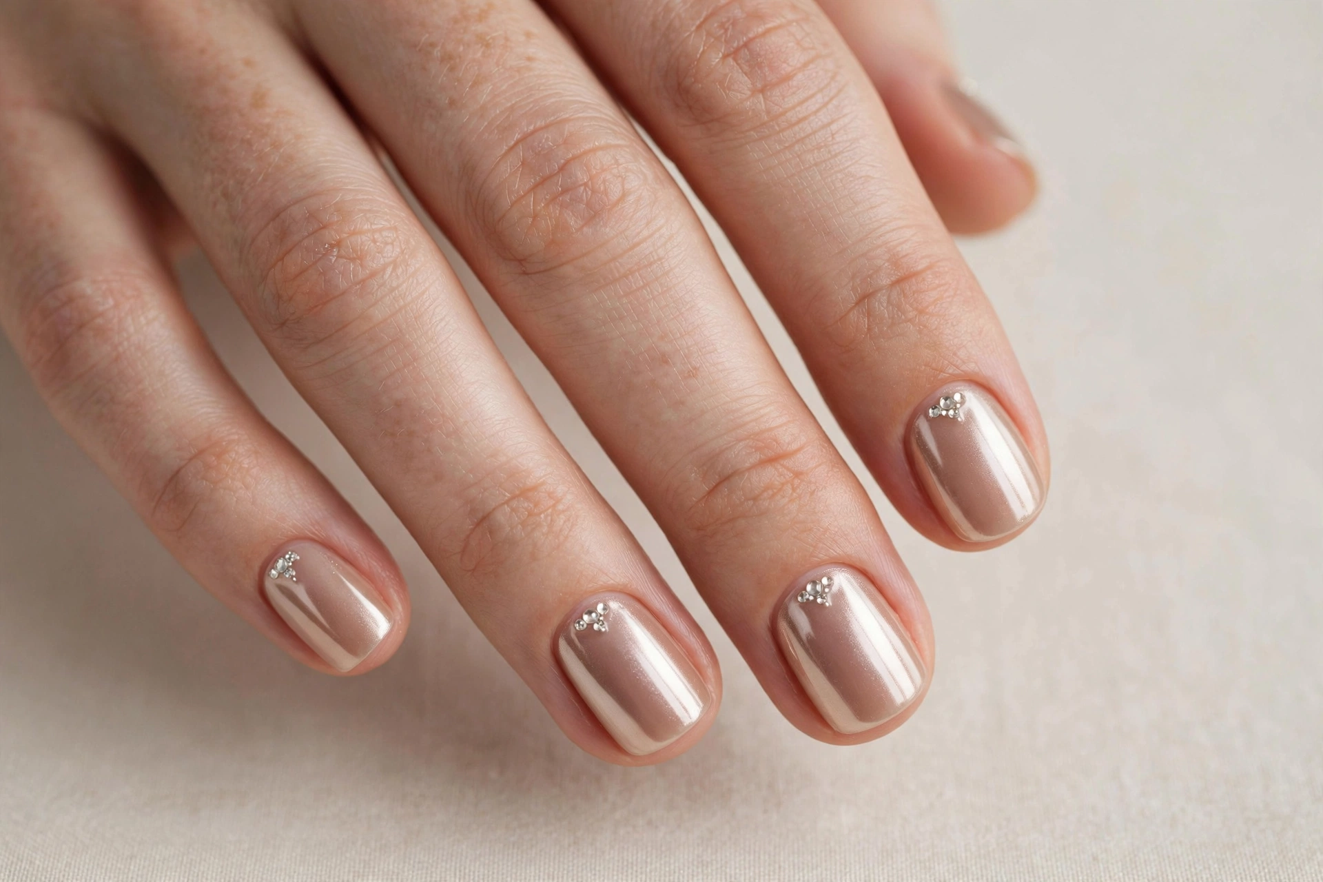 Short nude chrome nails with tiny crystal rhinestone accents