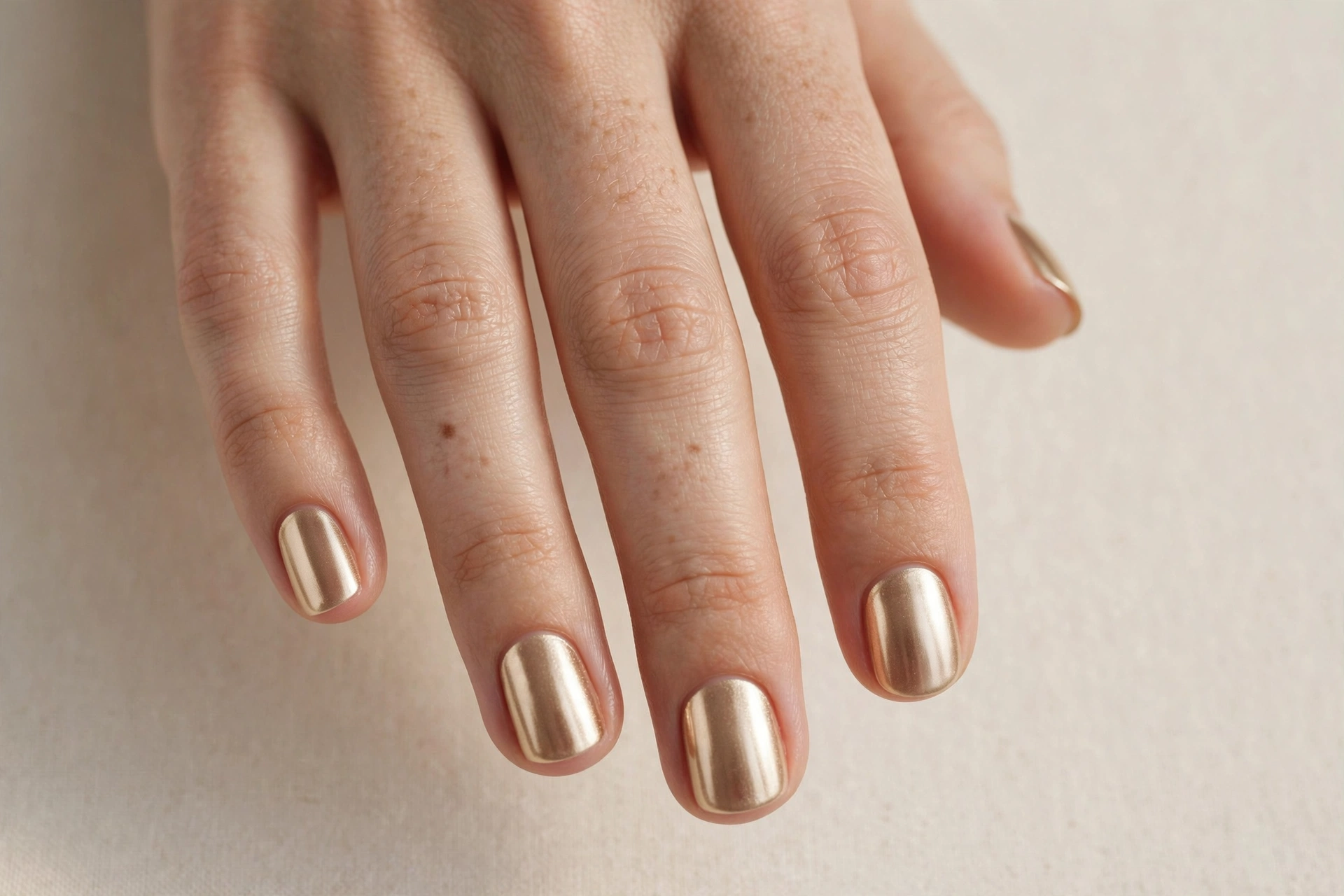Short nails with champagne gold chrome manicure