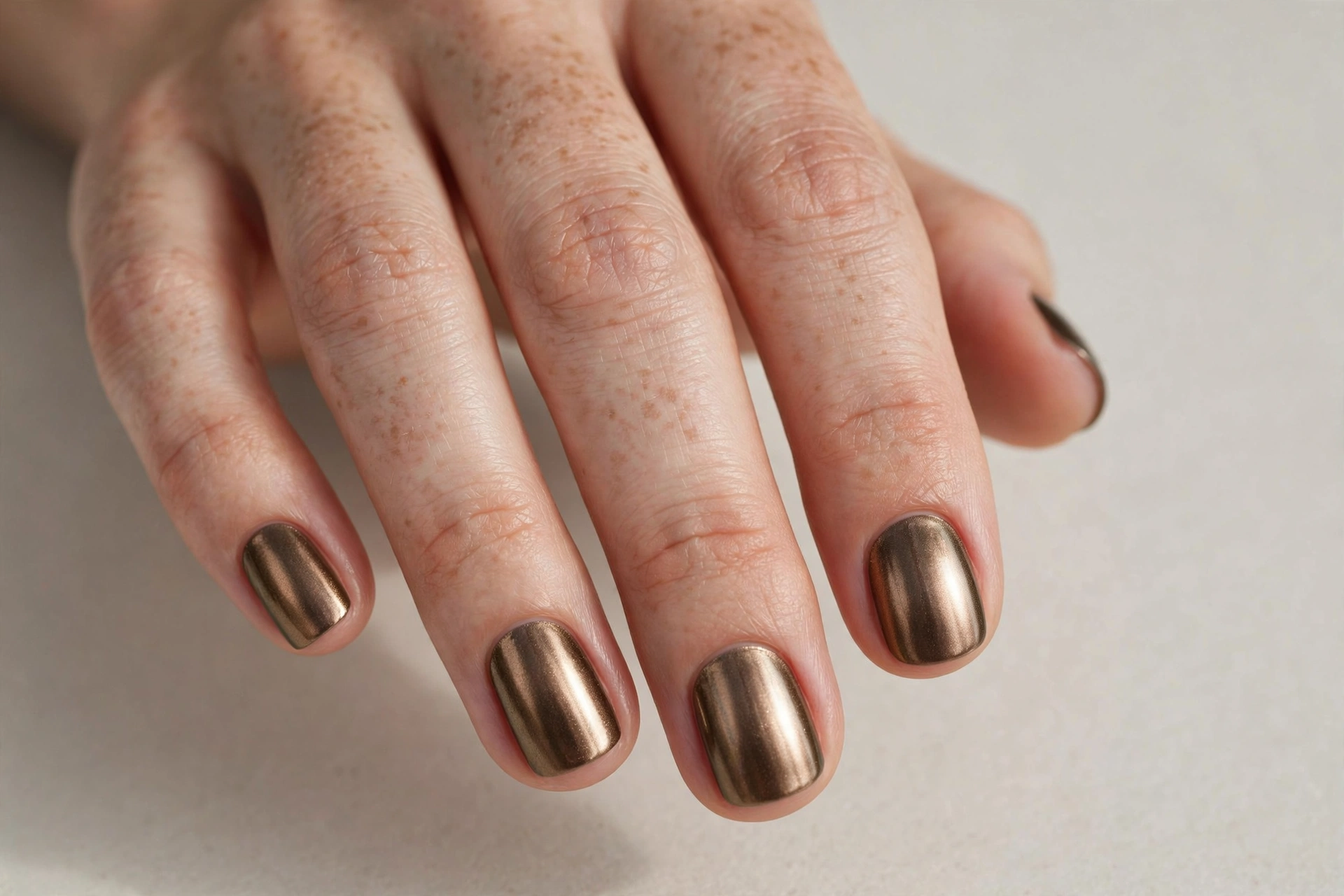 Short nails with antique bronze chrome manicure