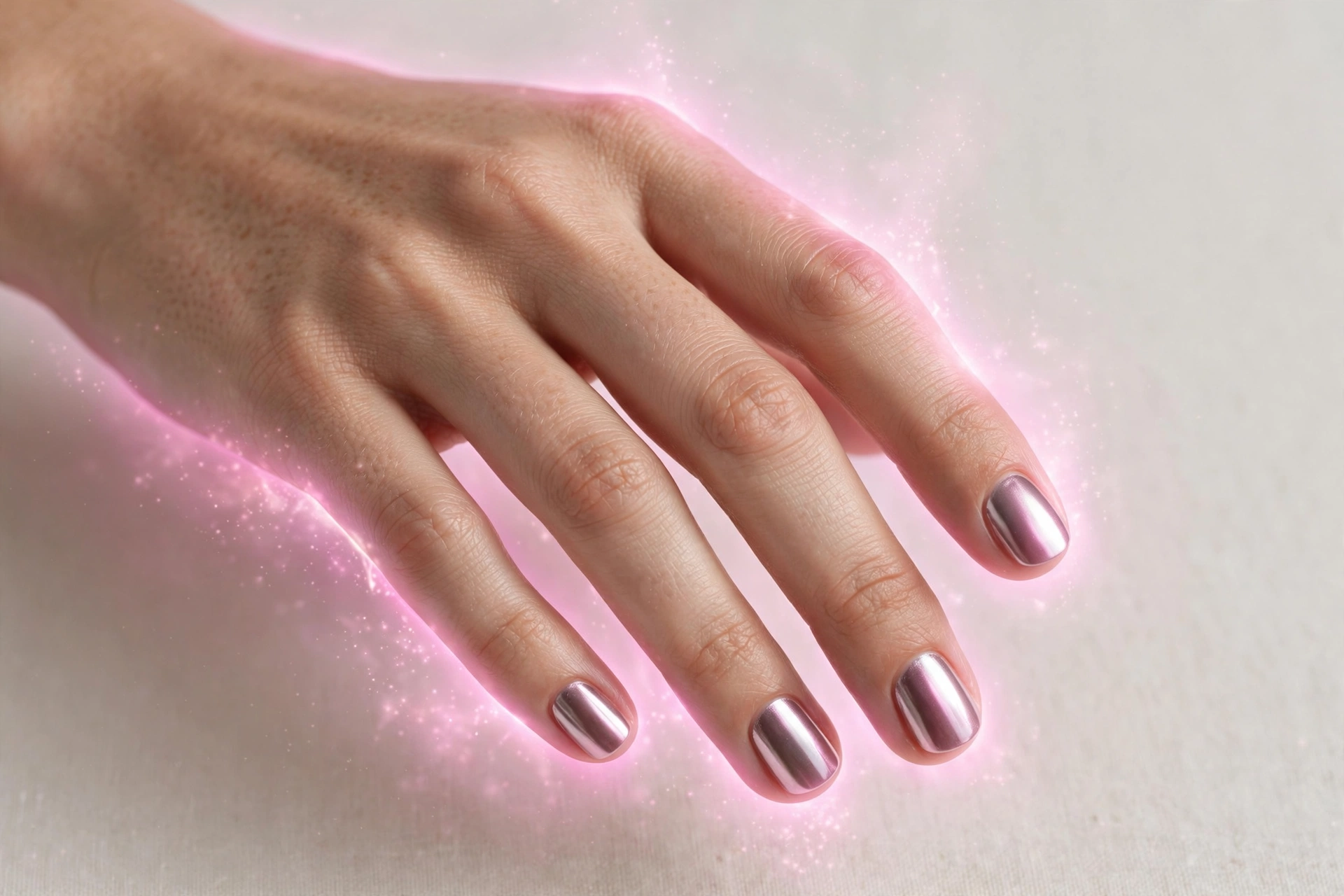 Short nails with pink aura glow chrome finish manicure