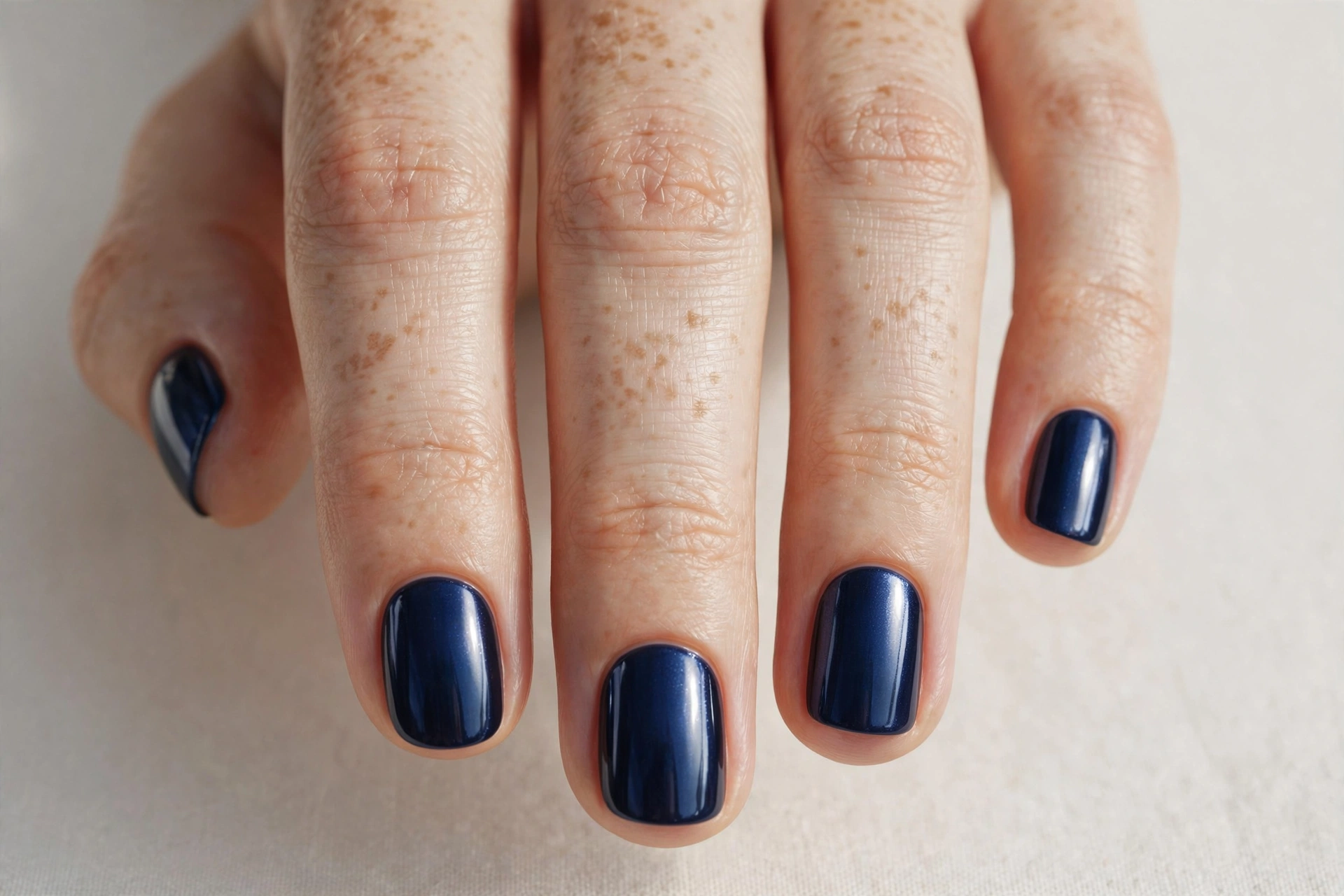 Short nails with deep navy blue chrome manicure