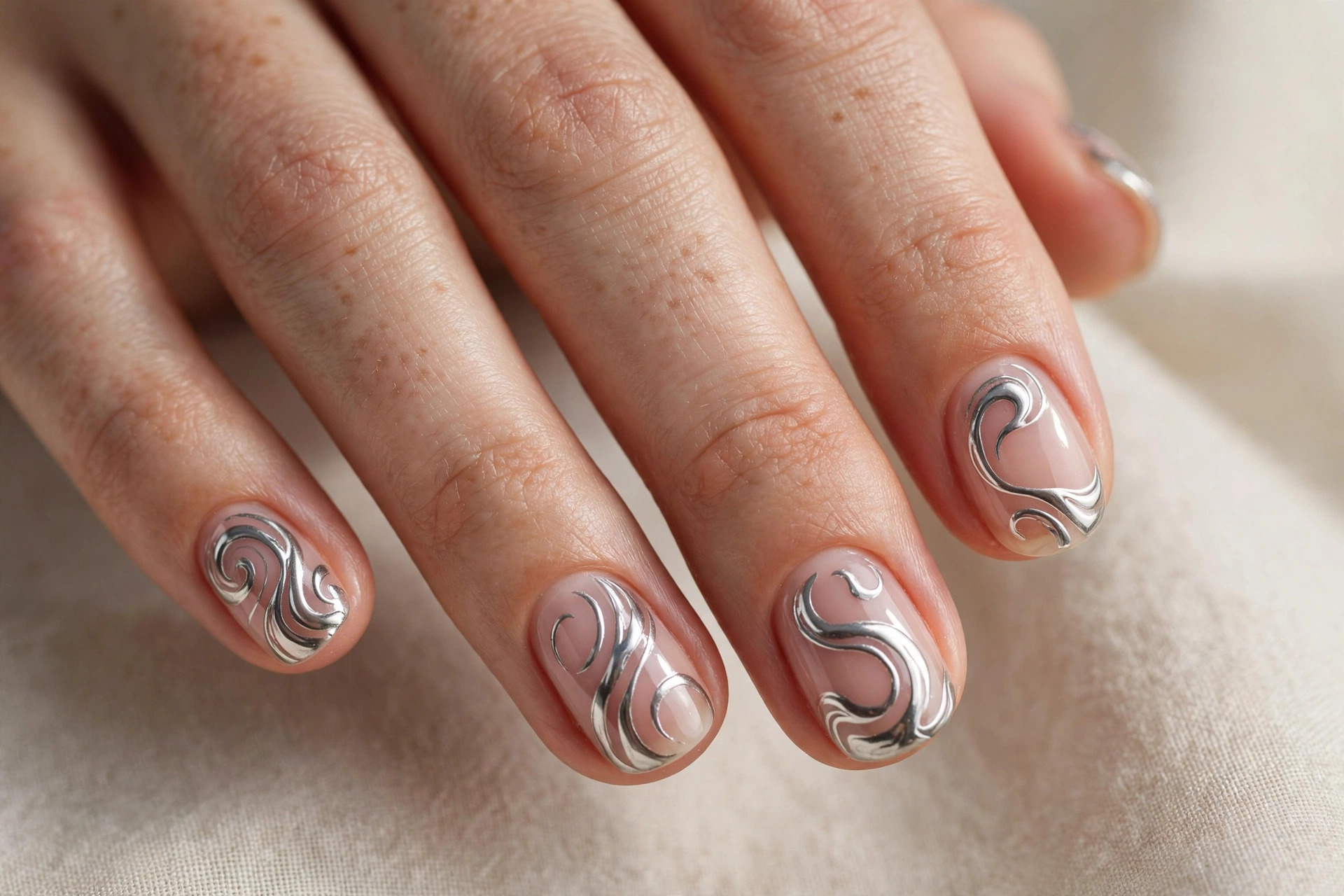 Short nails with silver chrome swirl nail art on nude base