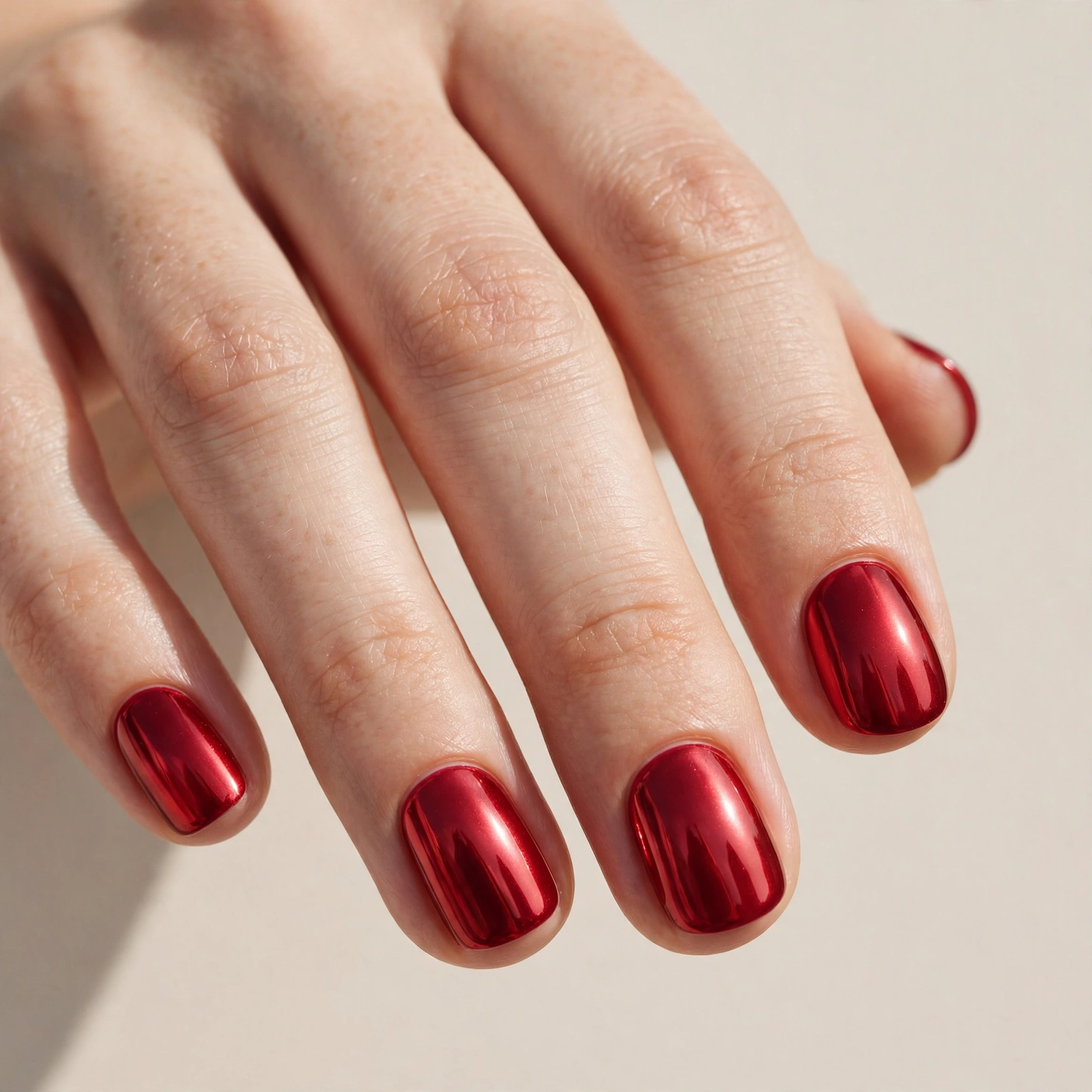 Short nails with cherry red chrome manicure