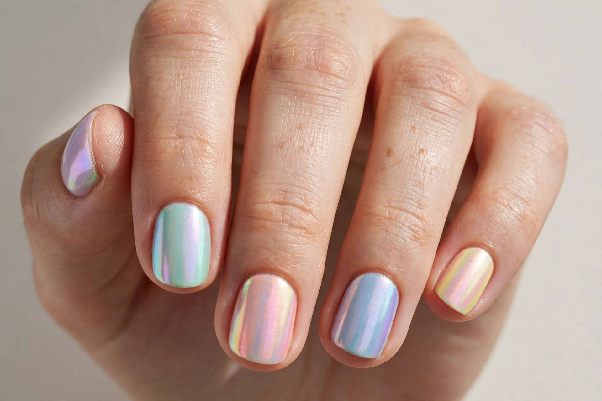 Short nails with pastel iridescent multi-color chrome manicure