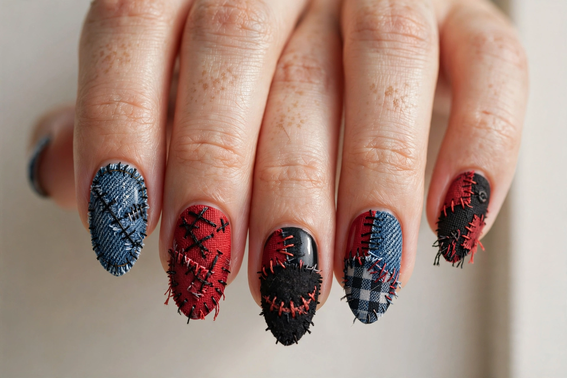 Stitched rag doll patchwork nail art in red black and denim blue with visible stitching