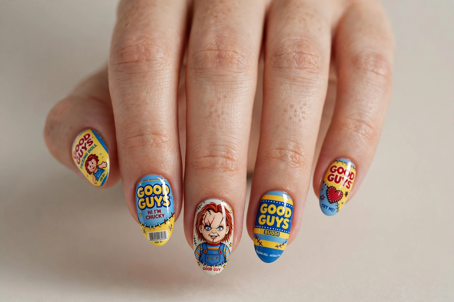 Toy box packaging inspired nail art with bold colorful graphics