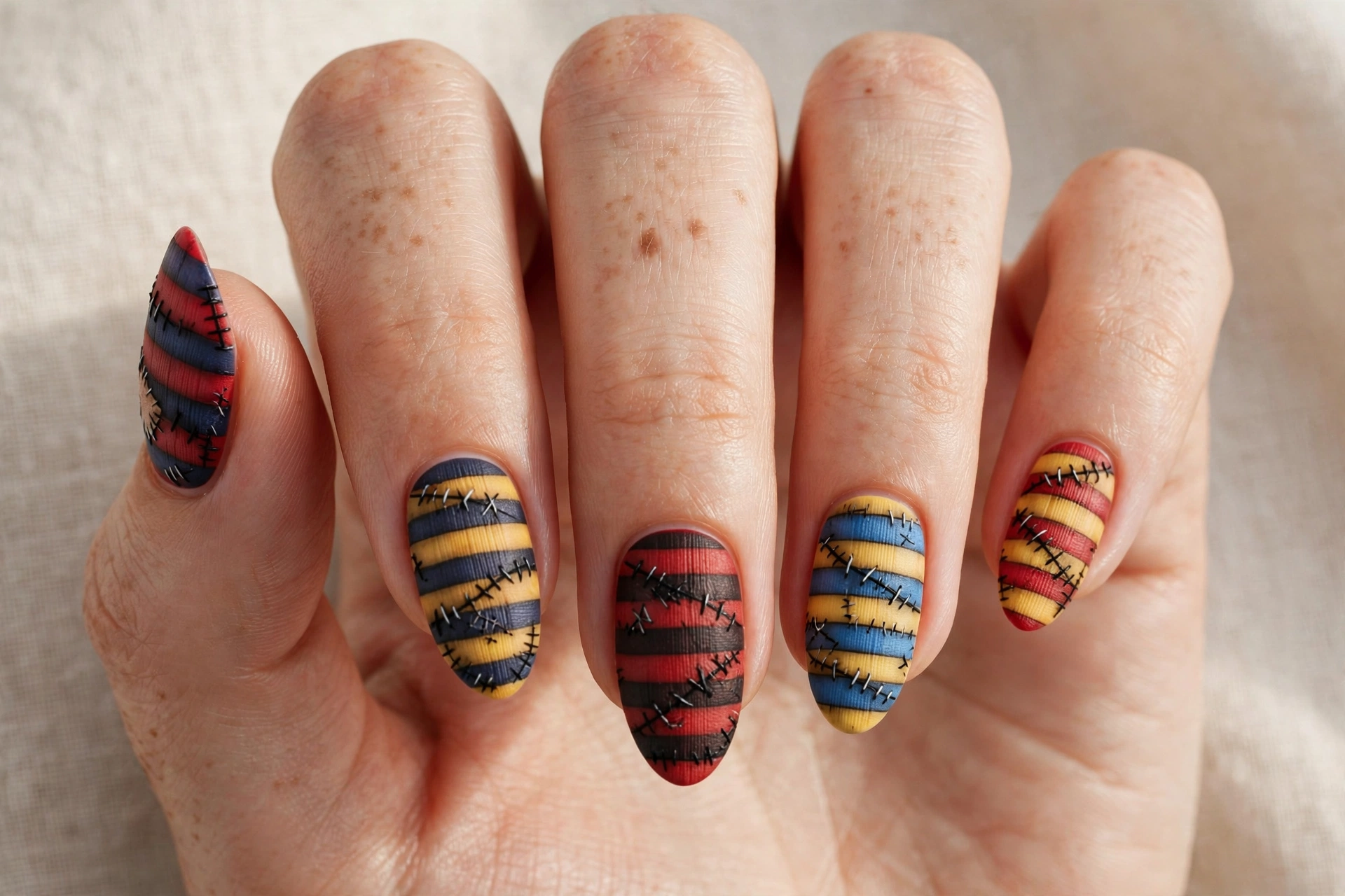 Colorful striped shirt pattern nail art in red blue and yellow