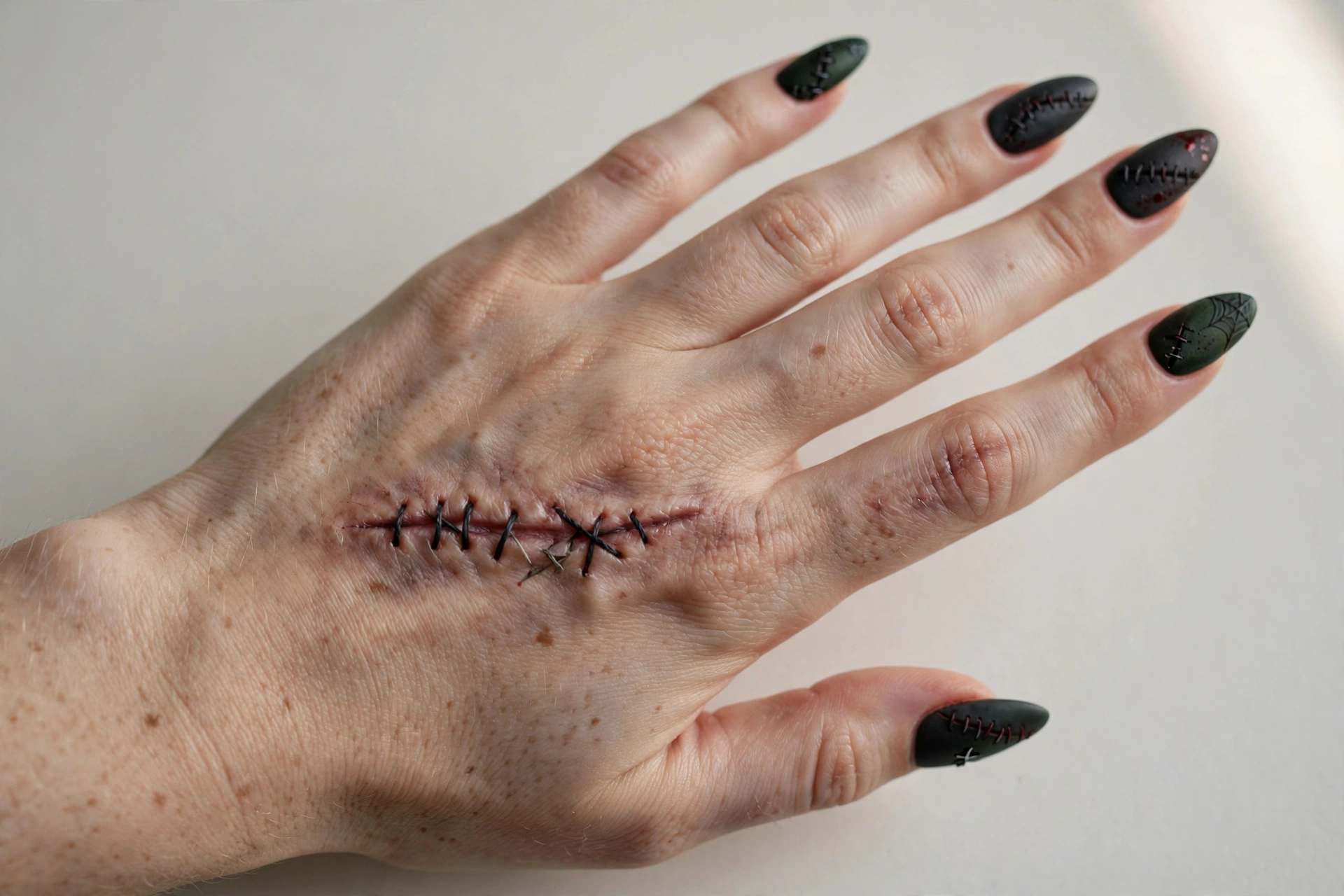Scar stitch details nail art with black stitches on nude background