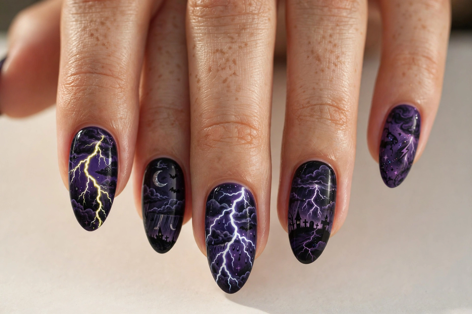 Spooky lightning storm horror night nail art in dark purple and black