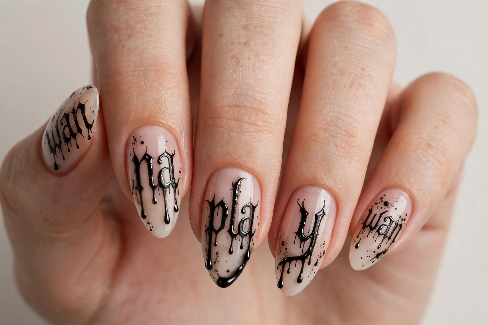 Dripping gothic script nail art reading wanna play in black letters
