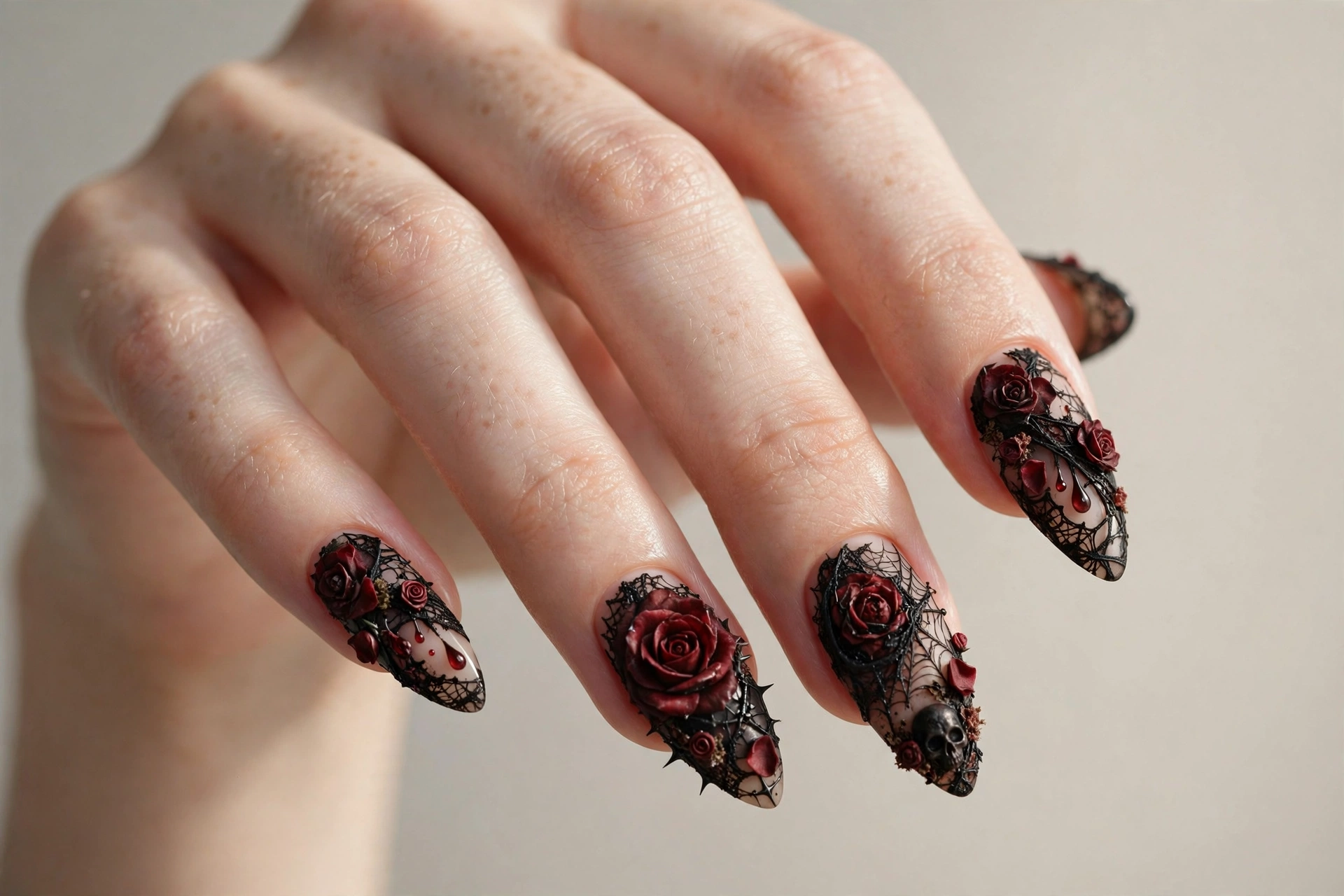 Gothic black lace and dark red roses horror nail art