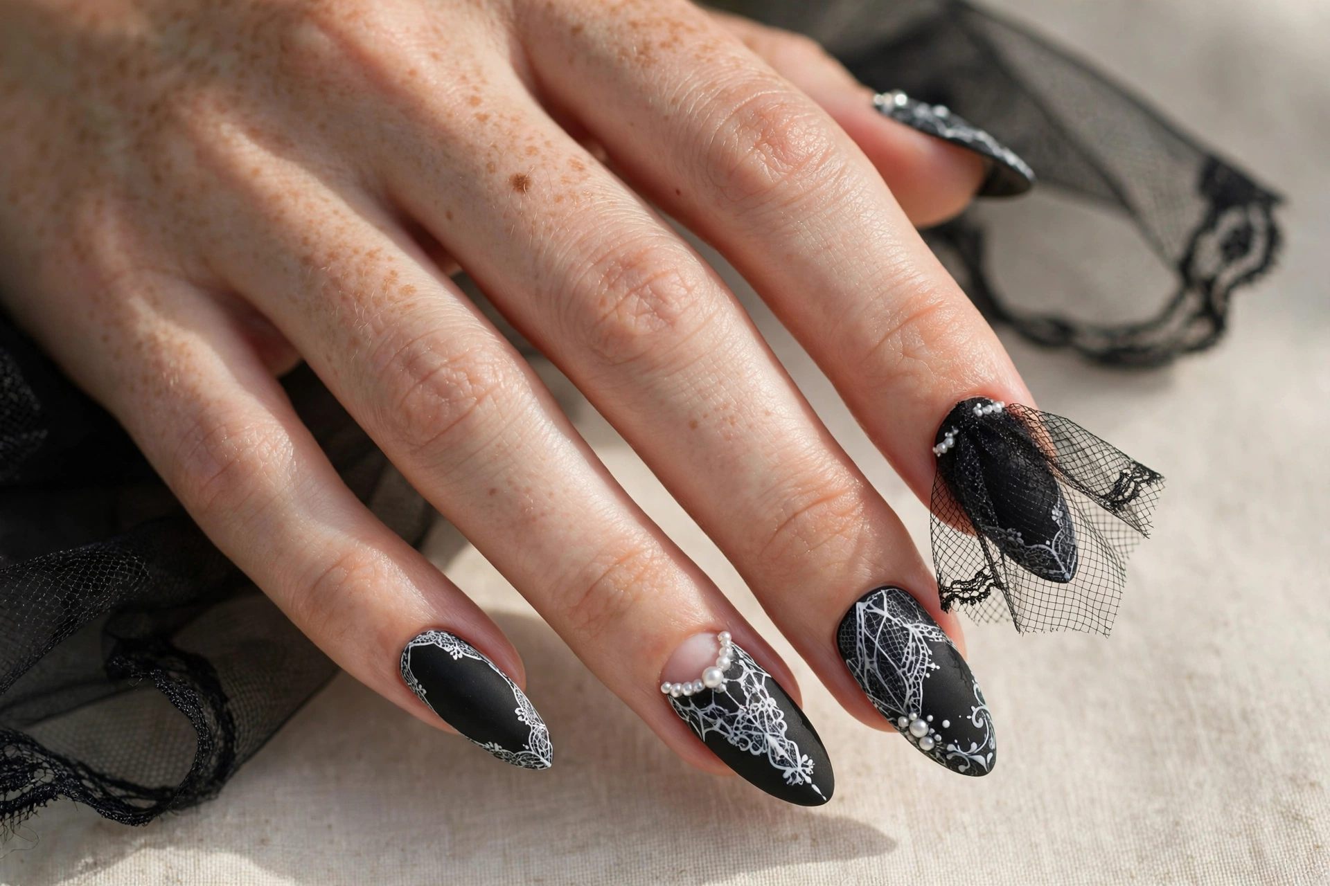 Spooky gothic bride nail art with black veil and white lace details