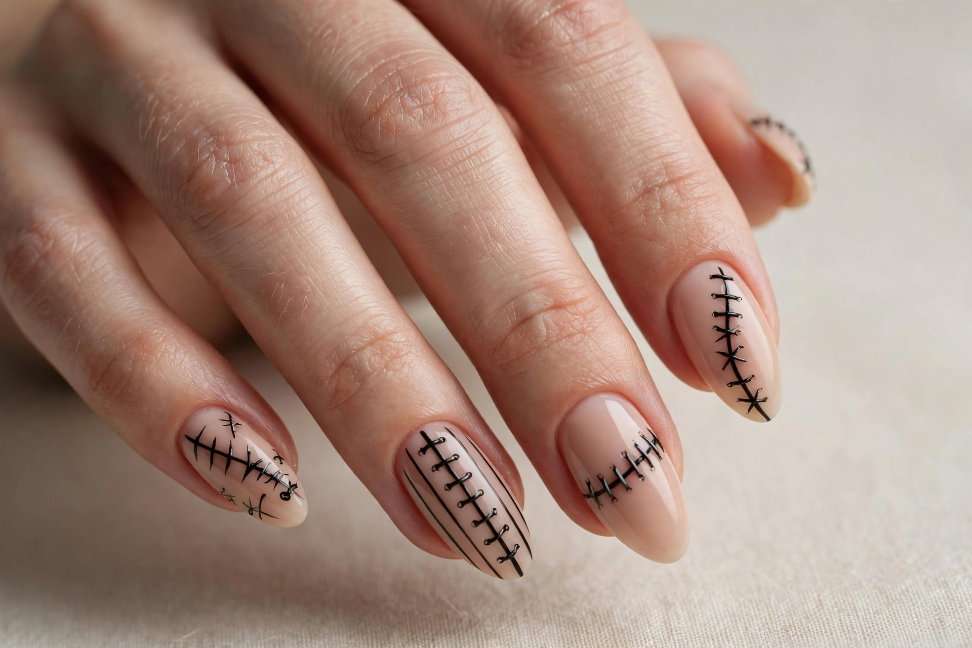 Horror stitch lines nail art with black stitches on nude nails