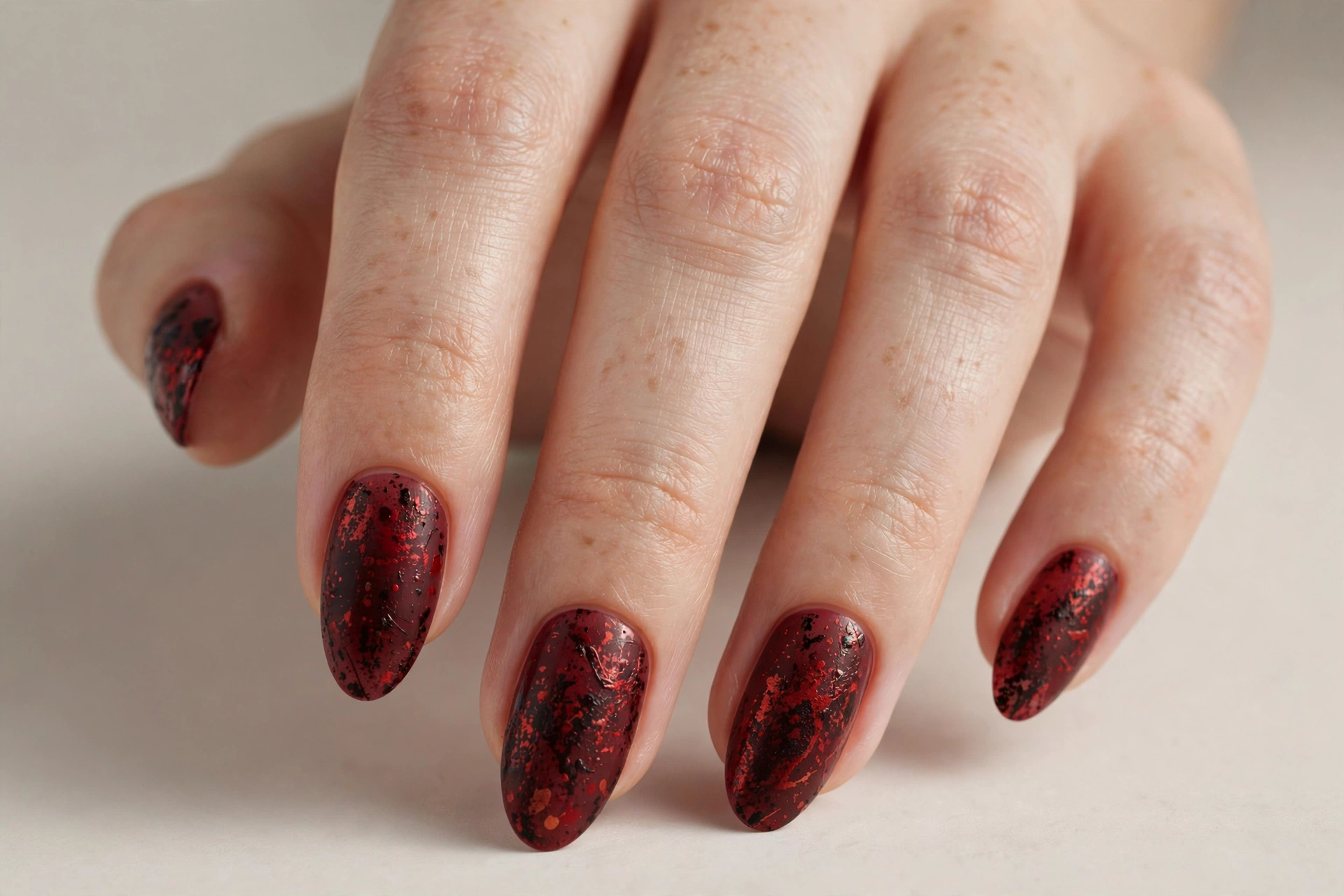 Dark red splatter nail art with grungy abstract red details
