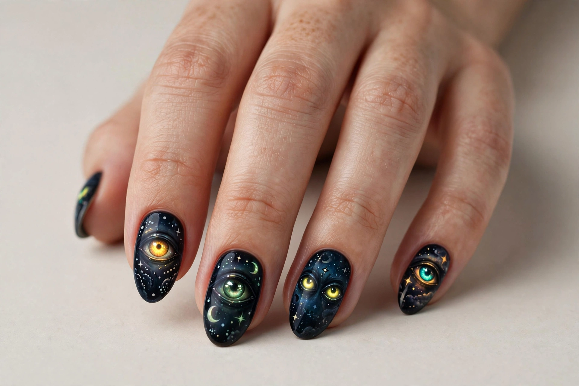 Eerie glowing eyes in the dark night nail art