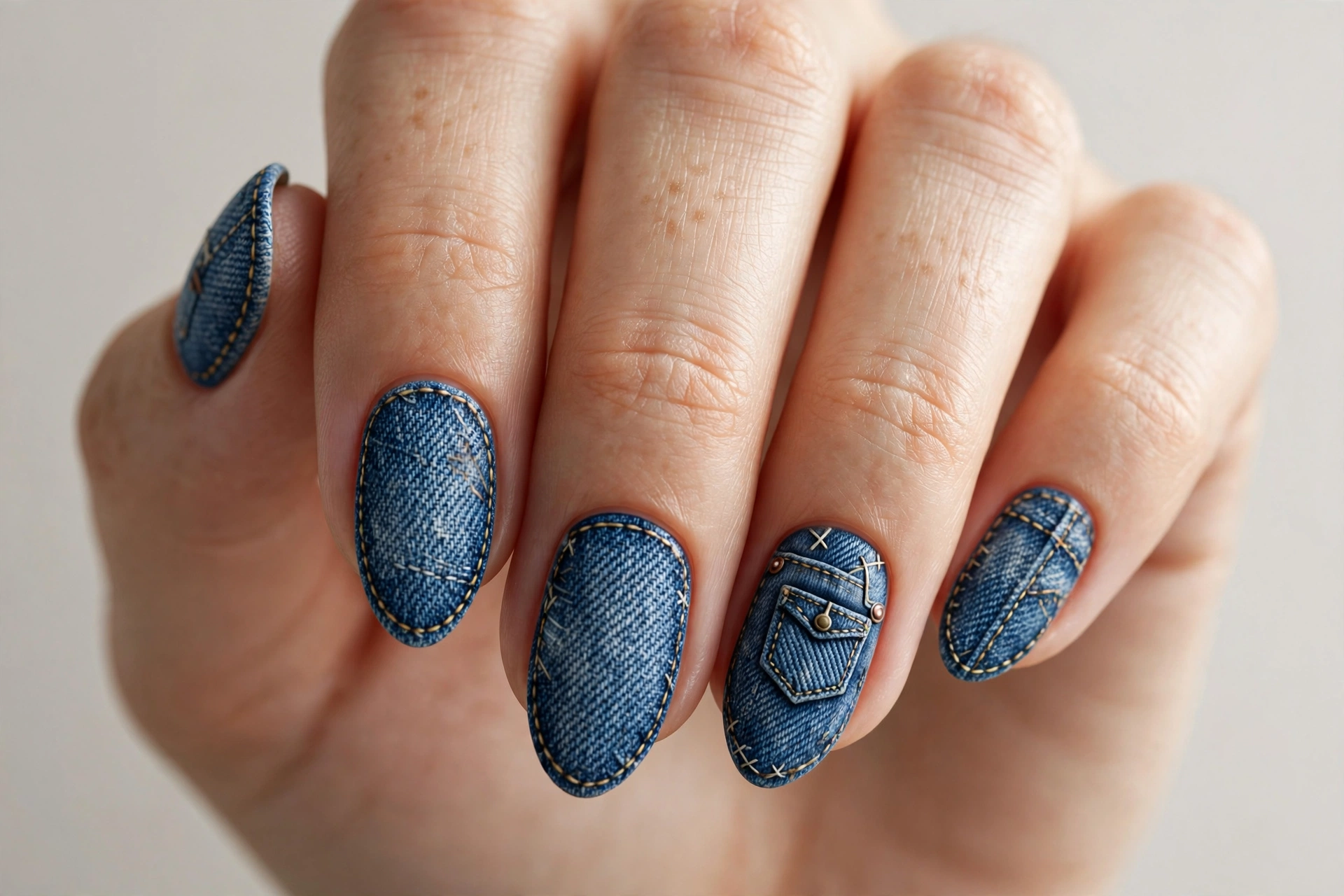 Blue denim overalls texture nail art with stitching details