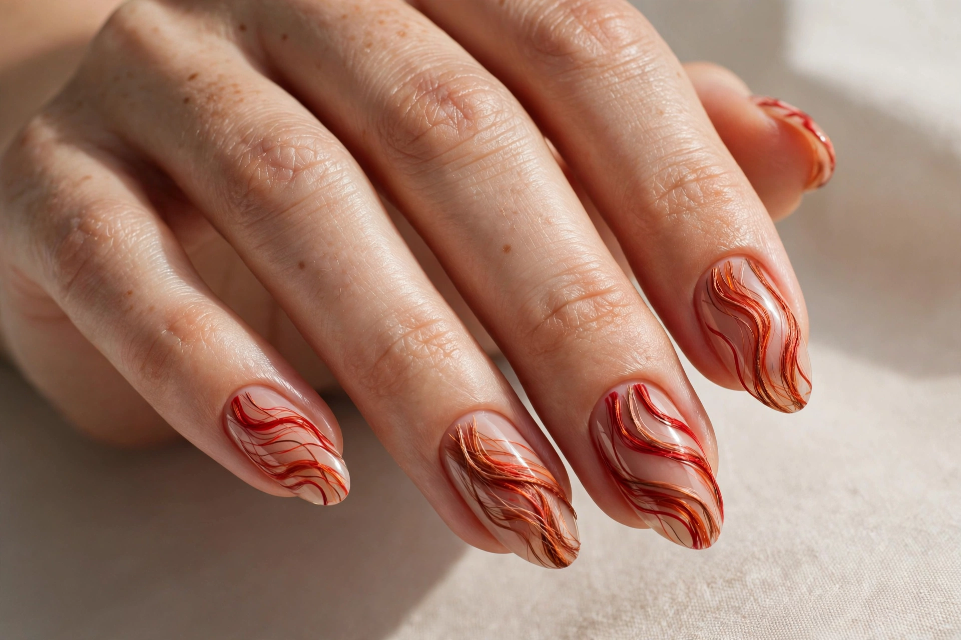 Fiery red wavy hair strands nail art design
