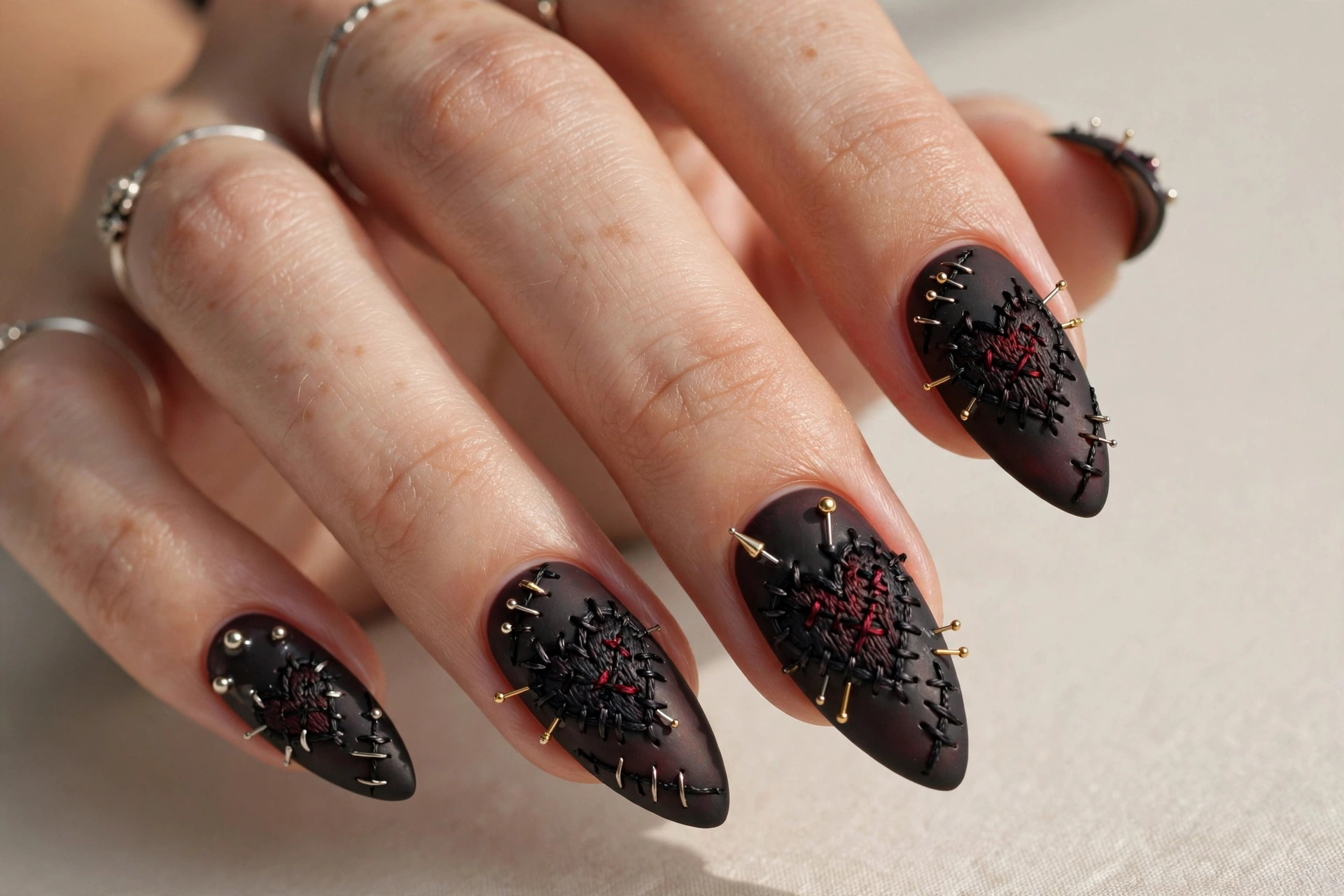 Gothic stitched heart nail art with small metallic pins