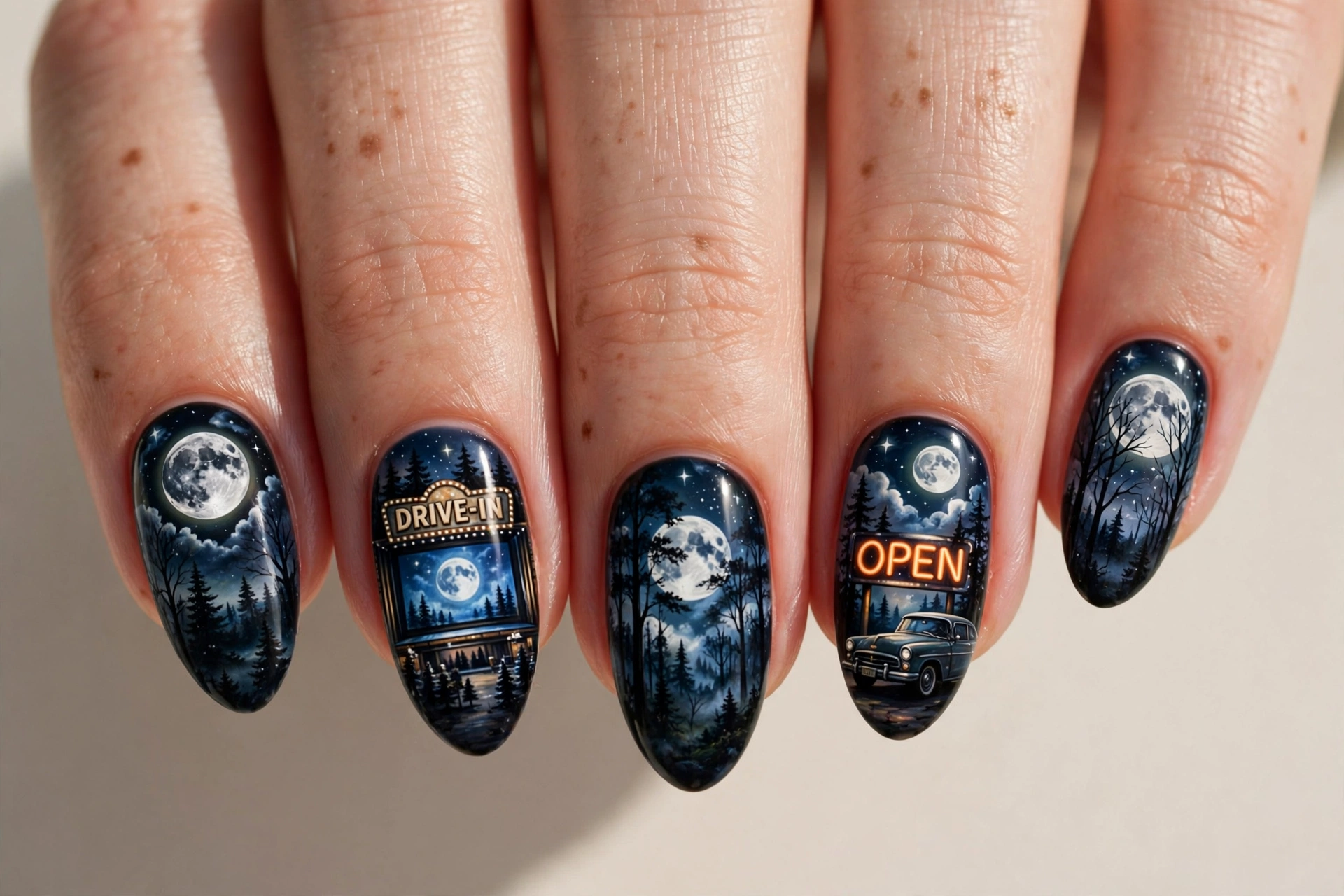 Spooky drive-in movie night nail art with full moon and dark trees