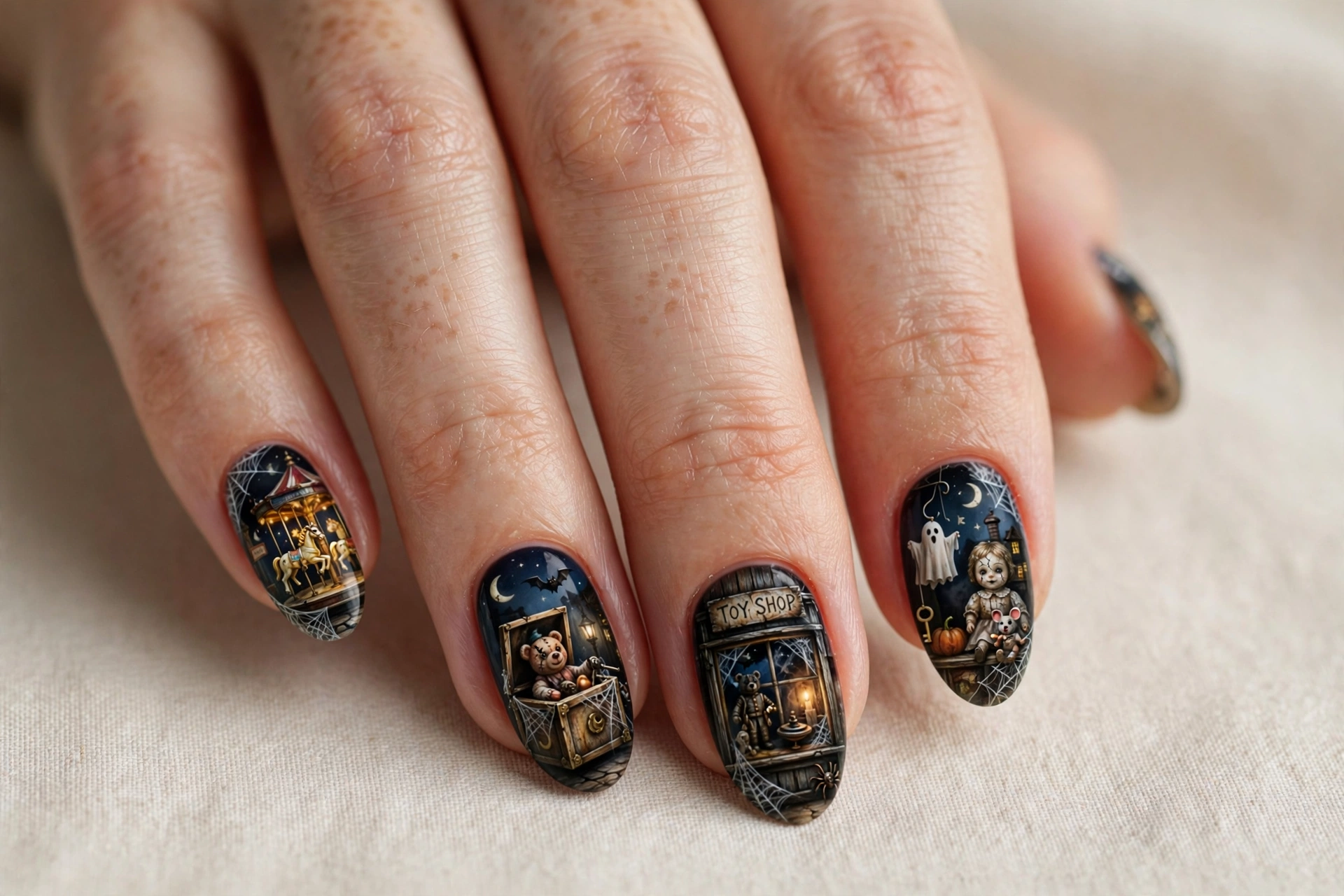 Spooky antique toy shop window nail art at night
