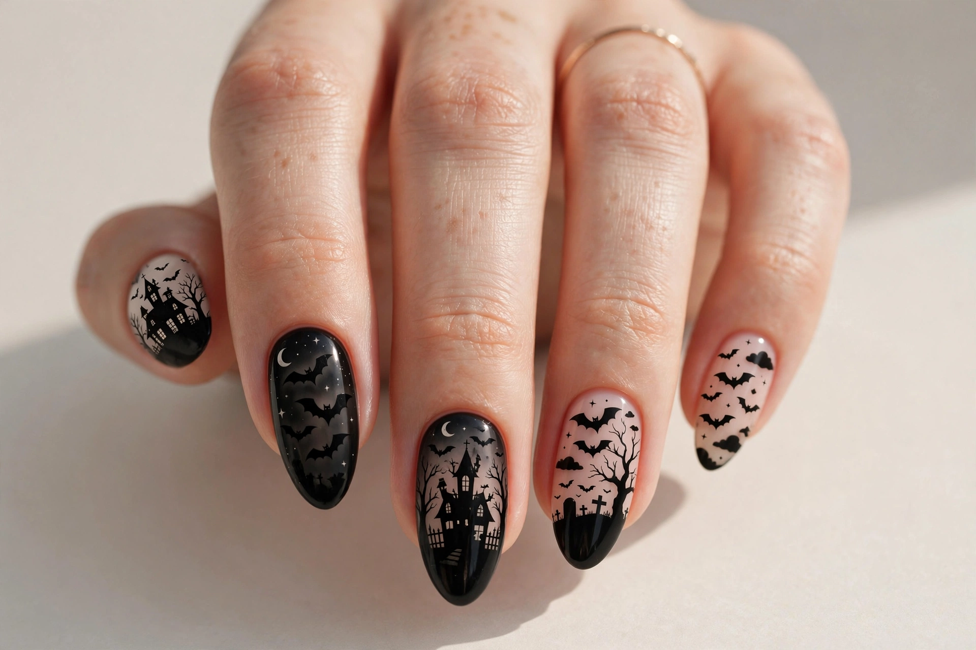 Spooky silhouette nail art with haunted house and bats