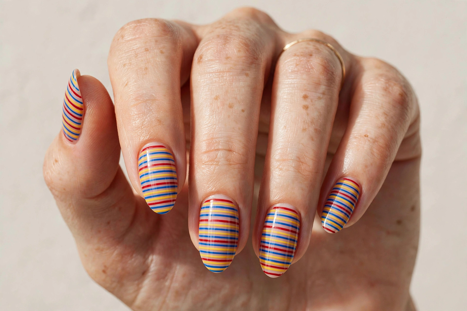 Bold red blue and yellow striped nail art