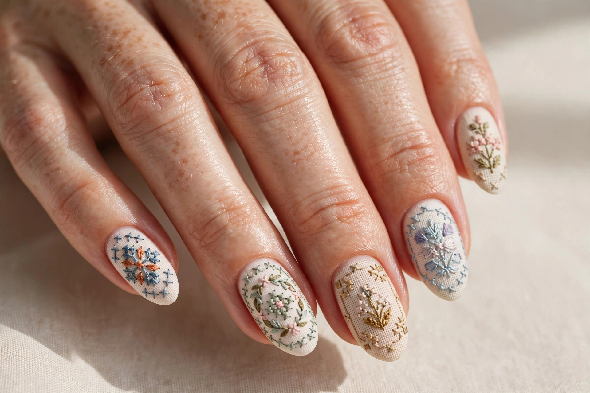 Vintage sewing pattern nail art with cross-stitch embroidery details