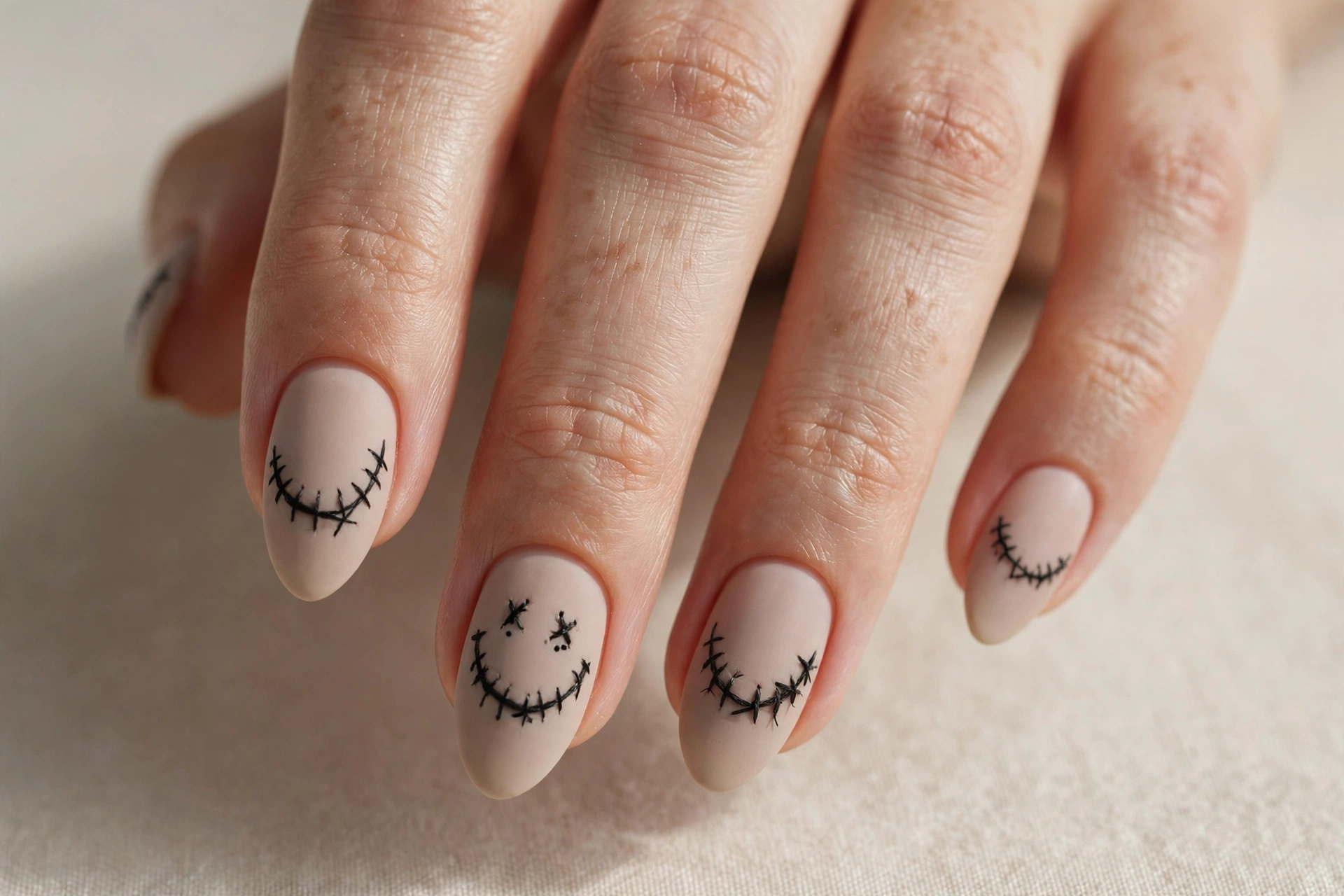 Crooked stitched smile nail art design