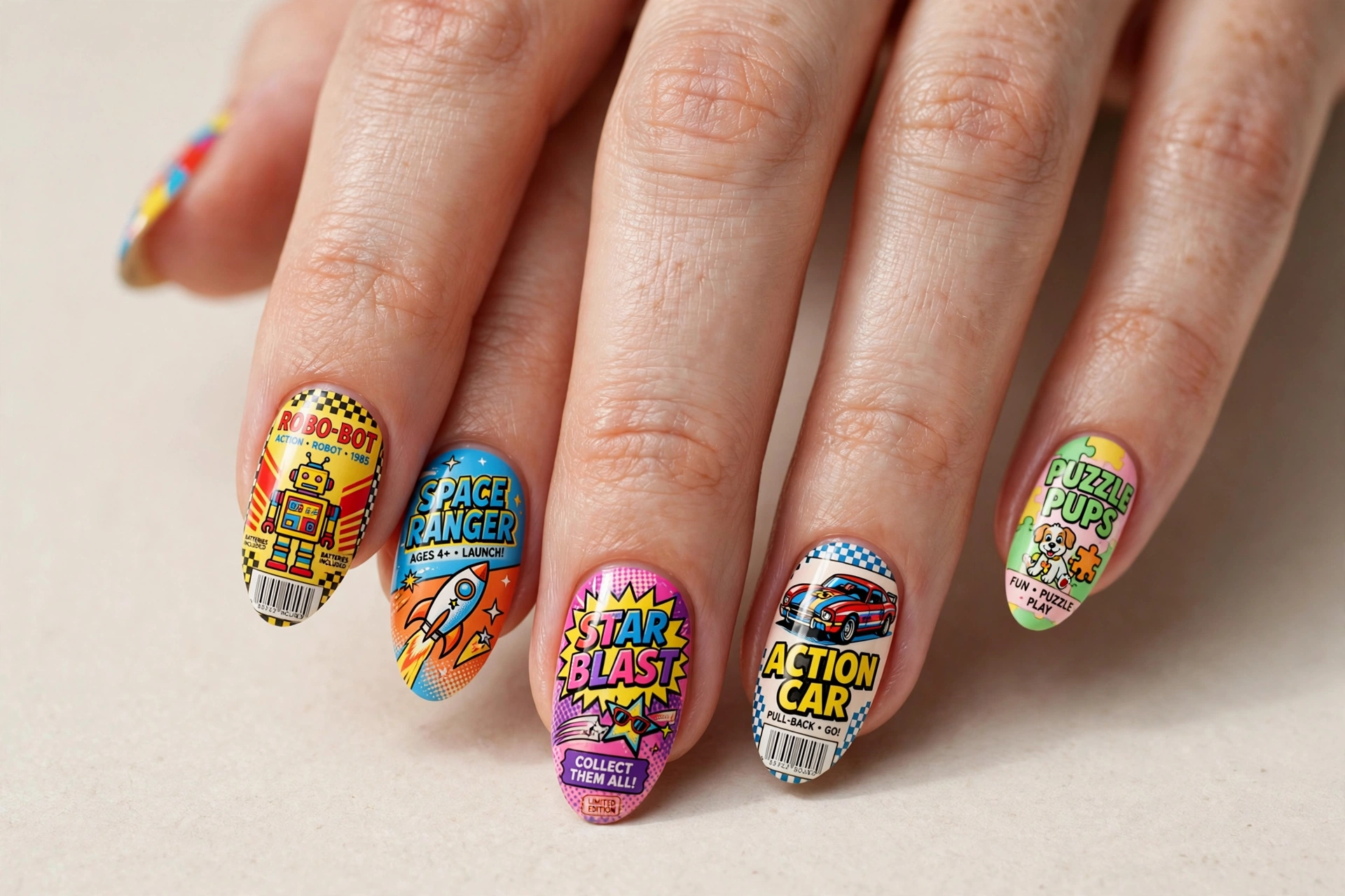 Retro toy packaging nail art with bold colorful graphics