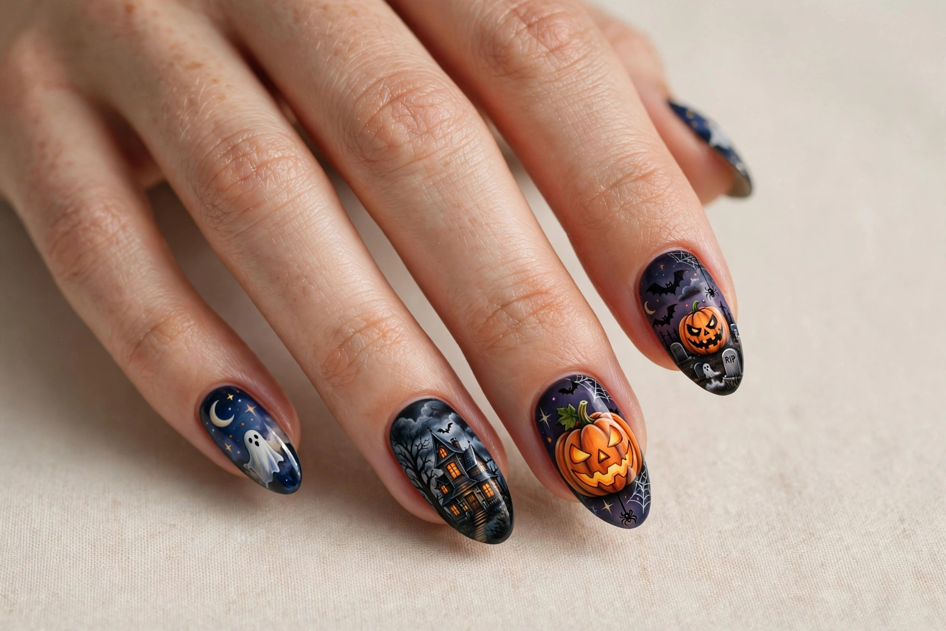 Spooky halloween night scene nail art with haunted house and jack-o-lanterns
