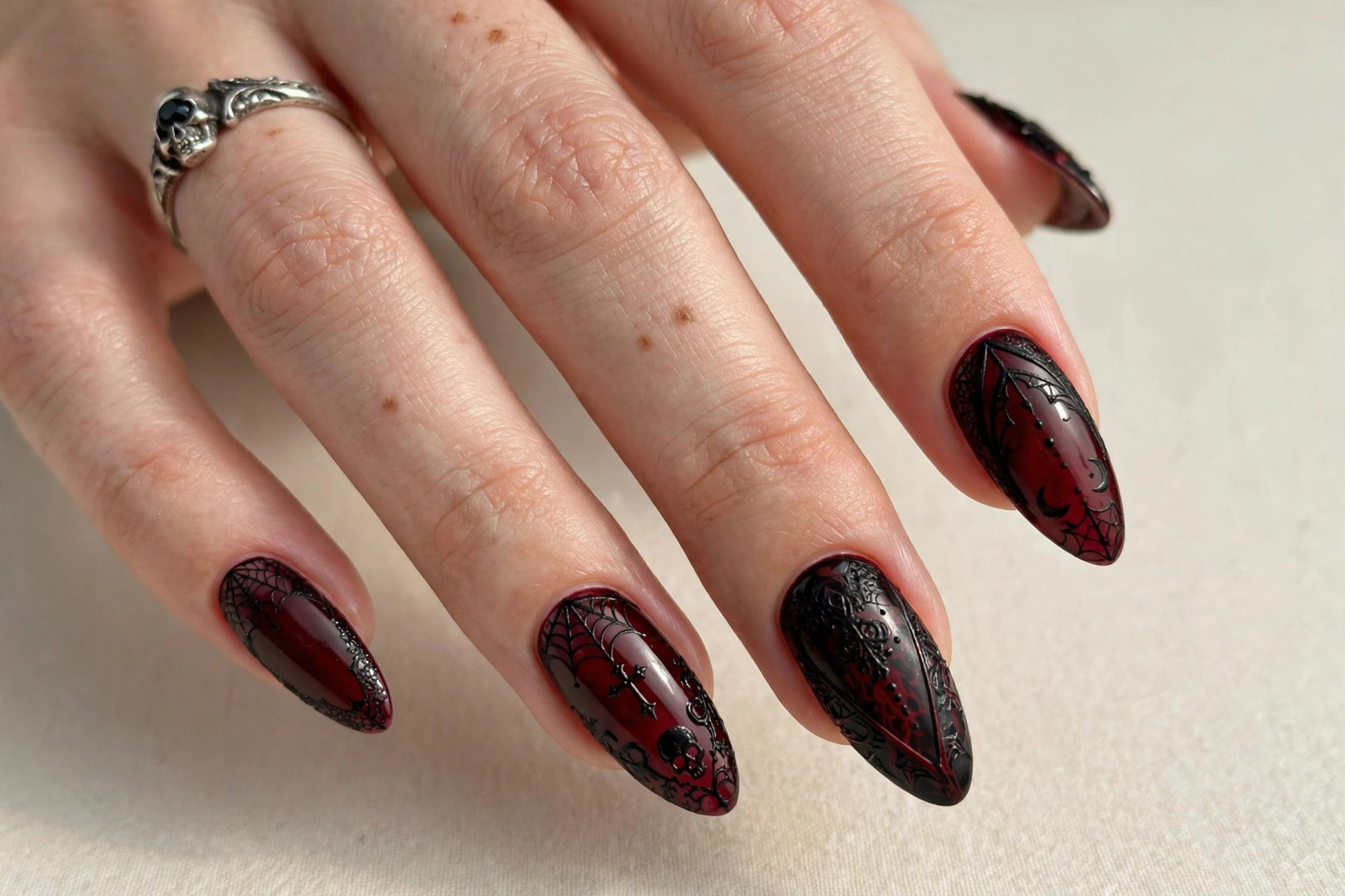 Dark red and black gothic nail art