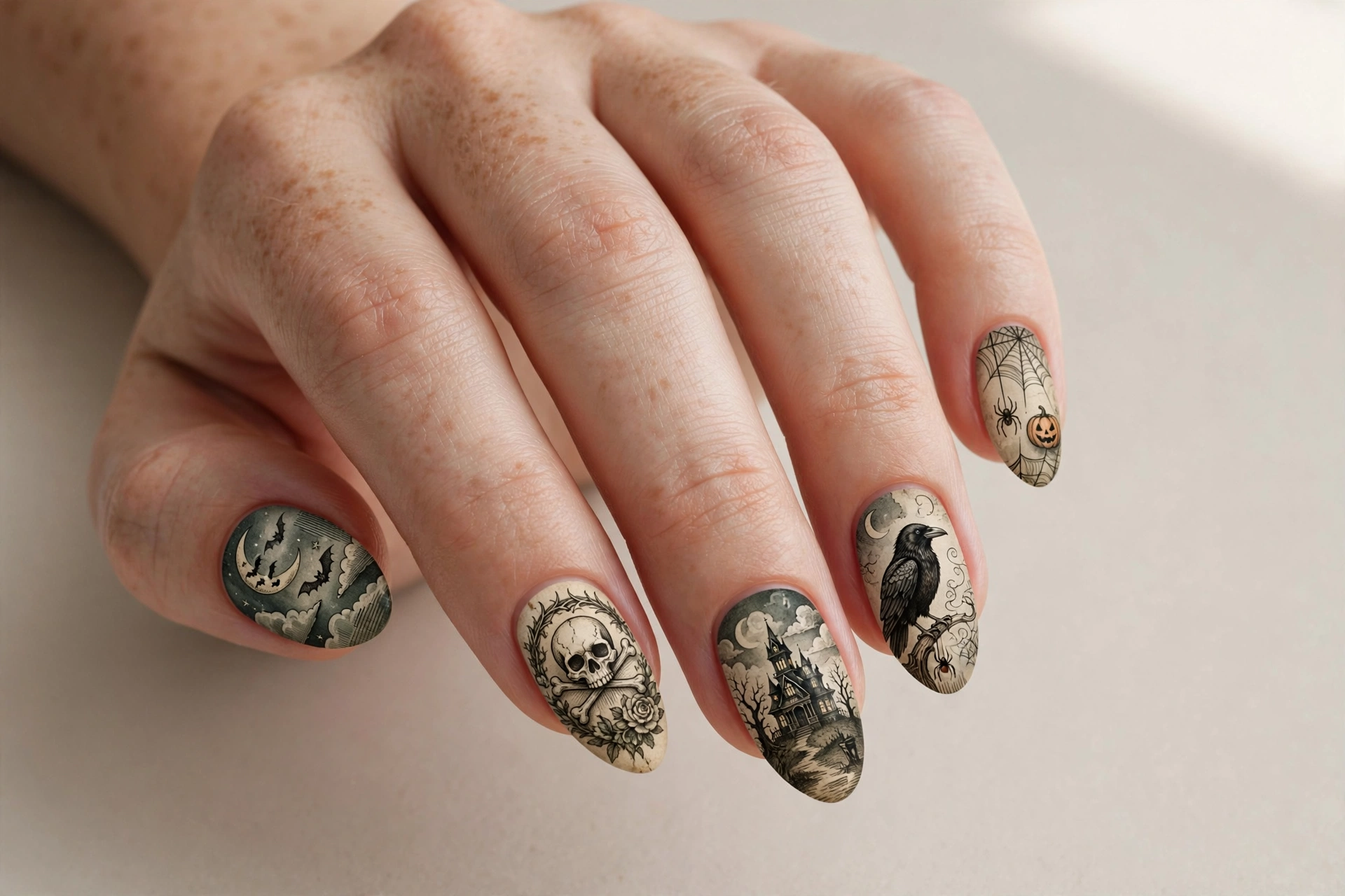 Detailed vintage horror illustration nail art in storybook style