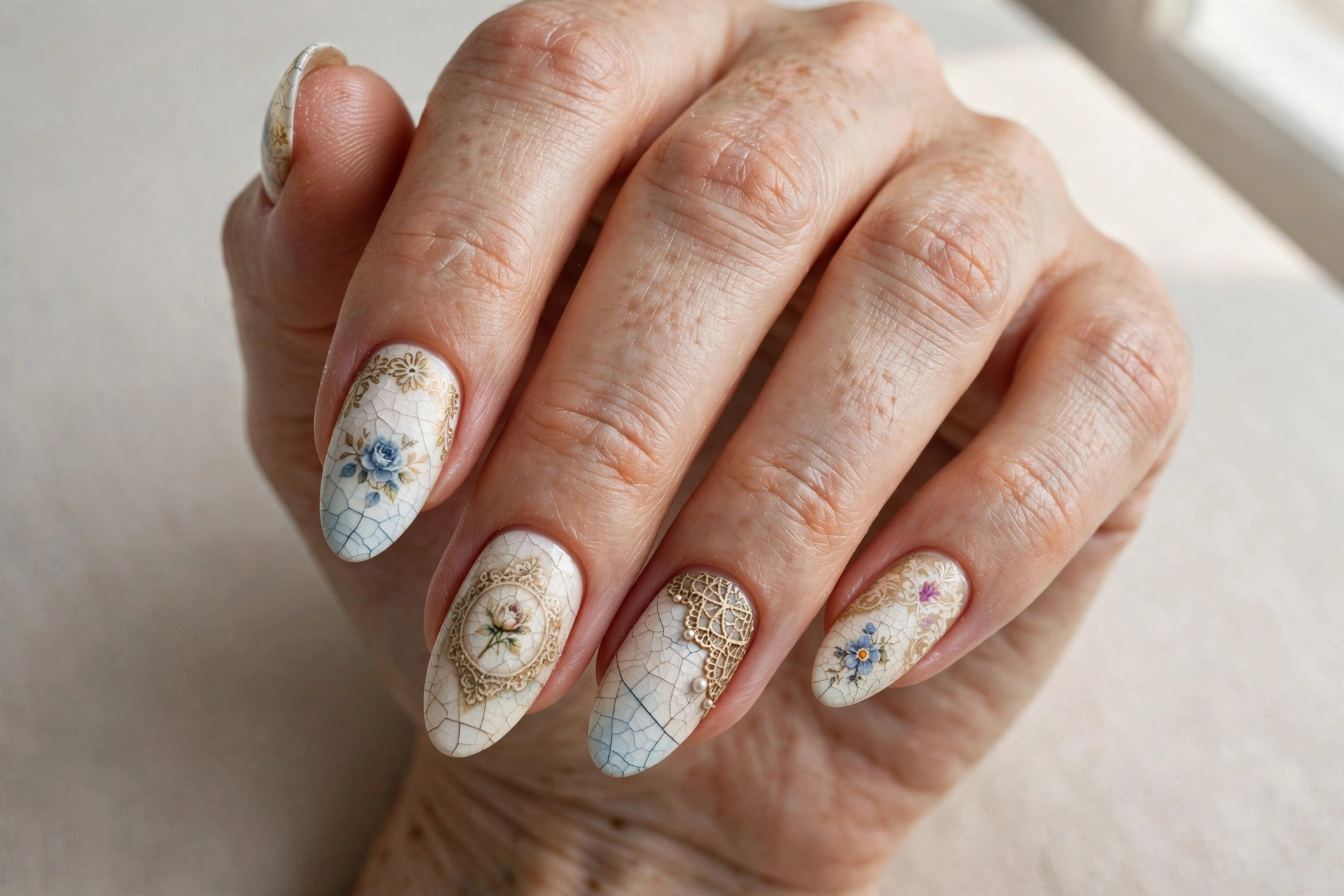 Cracked porcelain doll nail art with vintage details