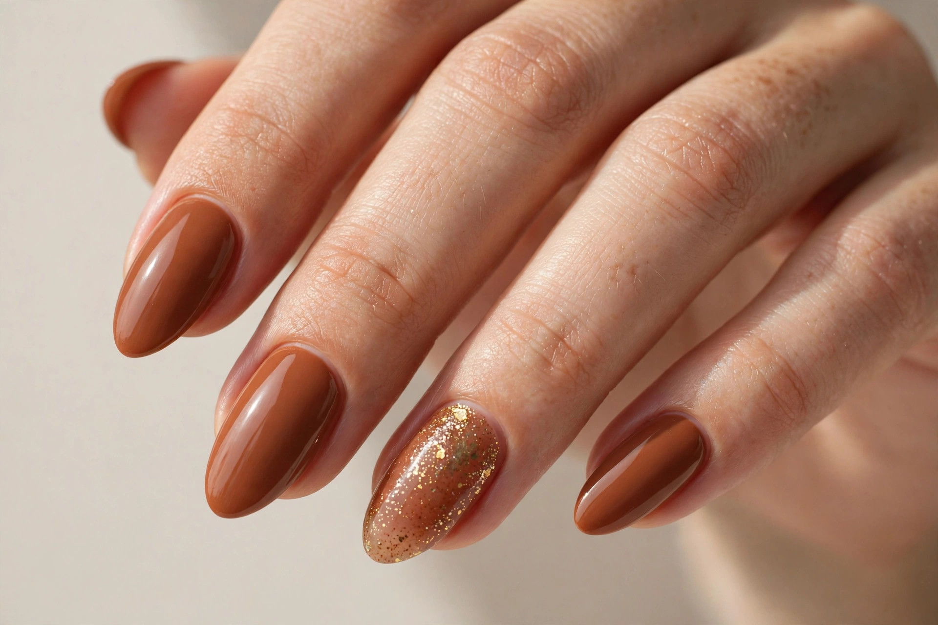 Close-up of a woman's hand with cinnamon brown manicure and a gold glitter accent nail