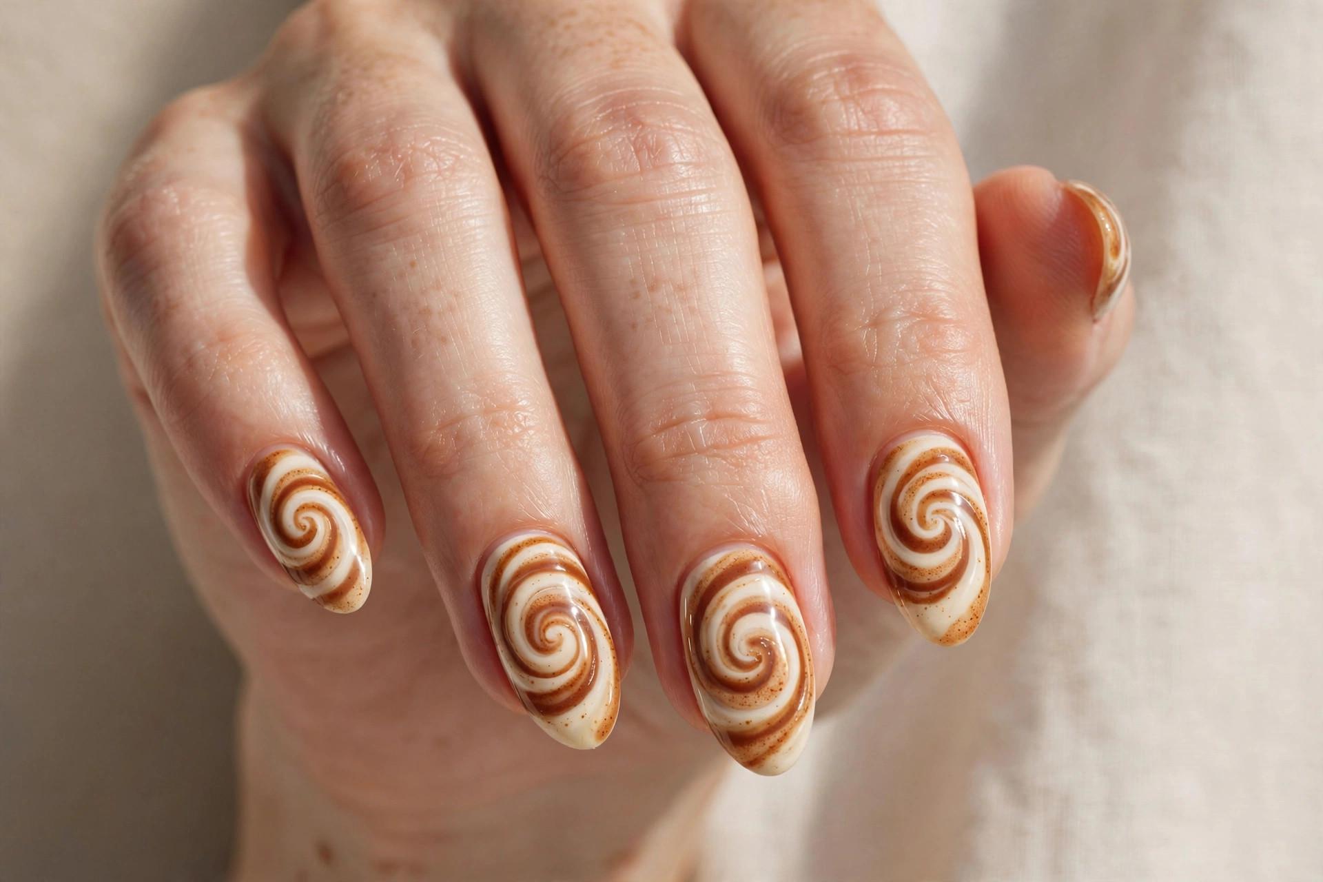 Close-up of a woman's hand with cinnamon roll swirl nail art in caramel and cream fall manicure on almond shaped nails
