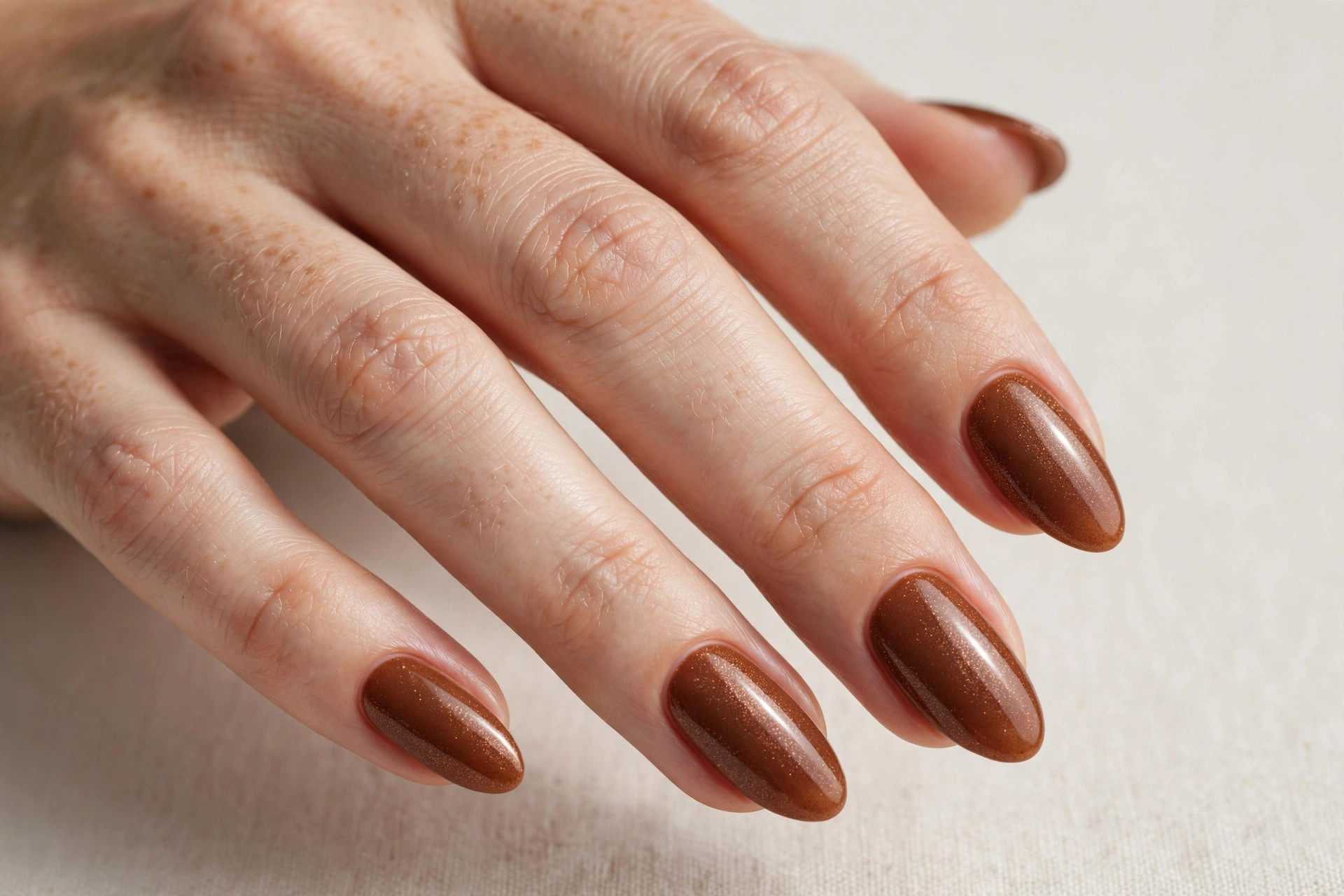 Warm cinnamon brown shimmer manicure