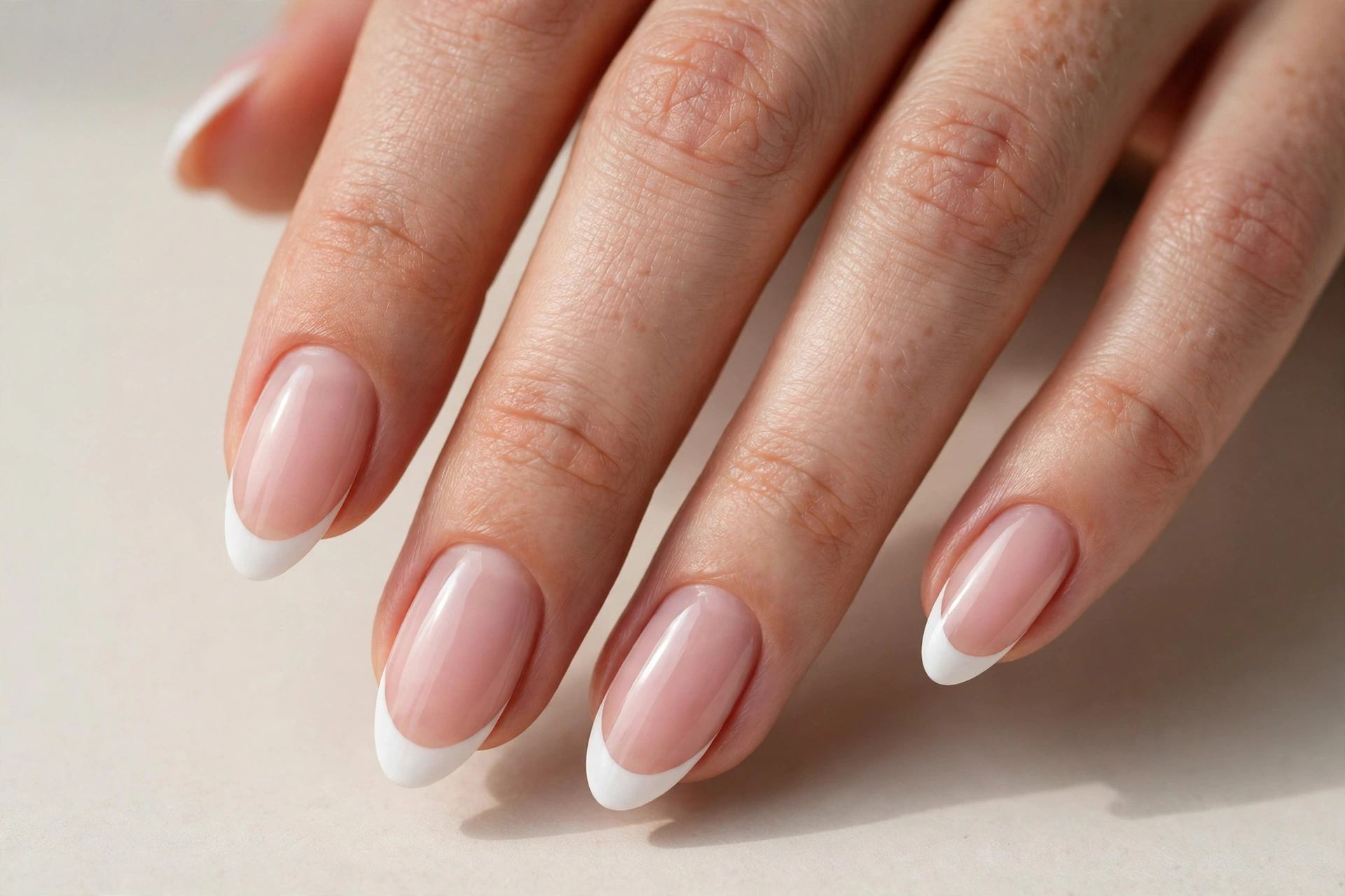 Classic French manicure with crisp white tips on almond shaped nails