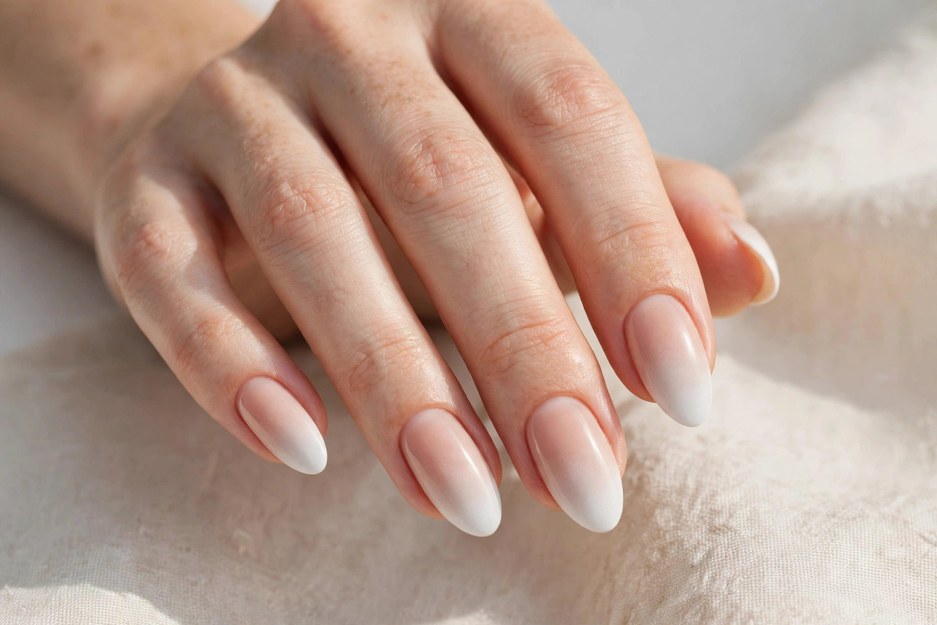 Baby boomer nude to white ombre manicure blending seamlessly