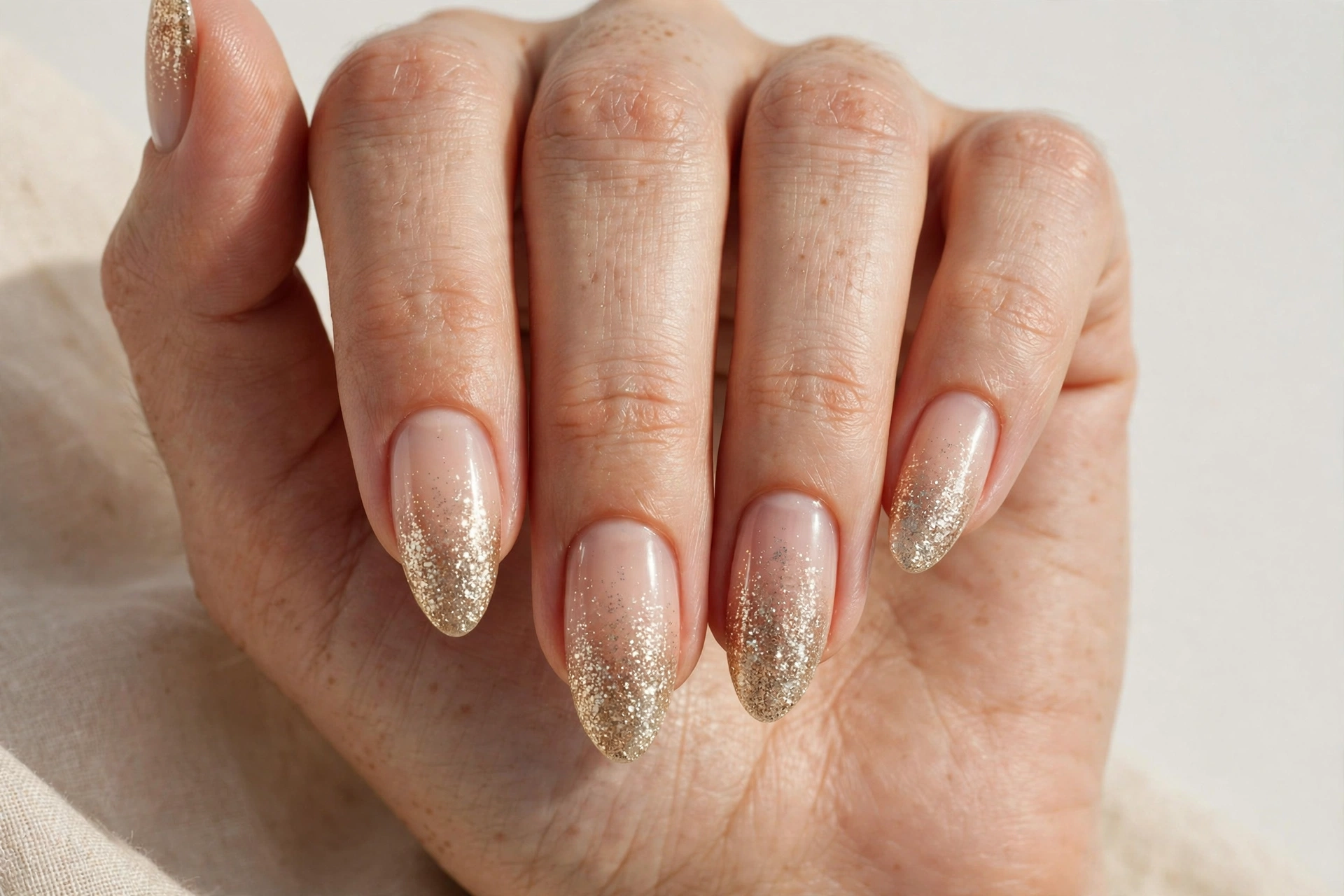 Champagne glitter fade manicure sparkling at the nail tips