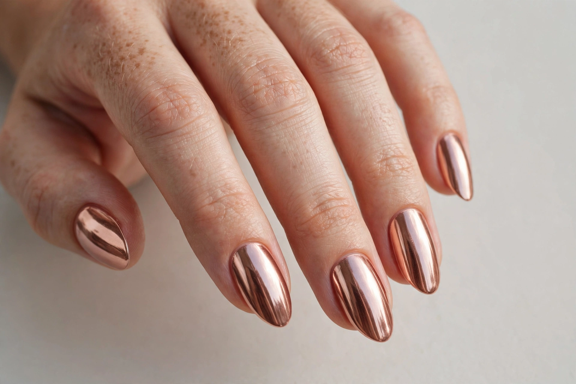 Rose gold chrome manicure with a mirror-like metallic shine