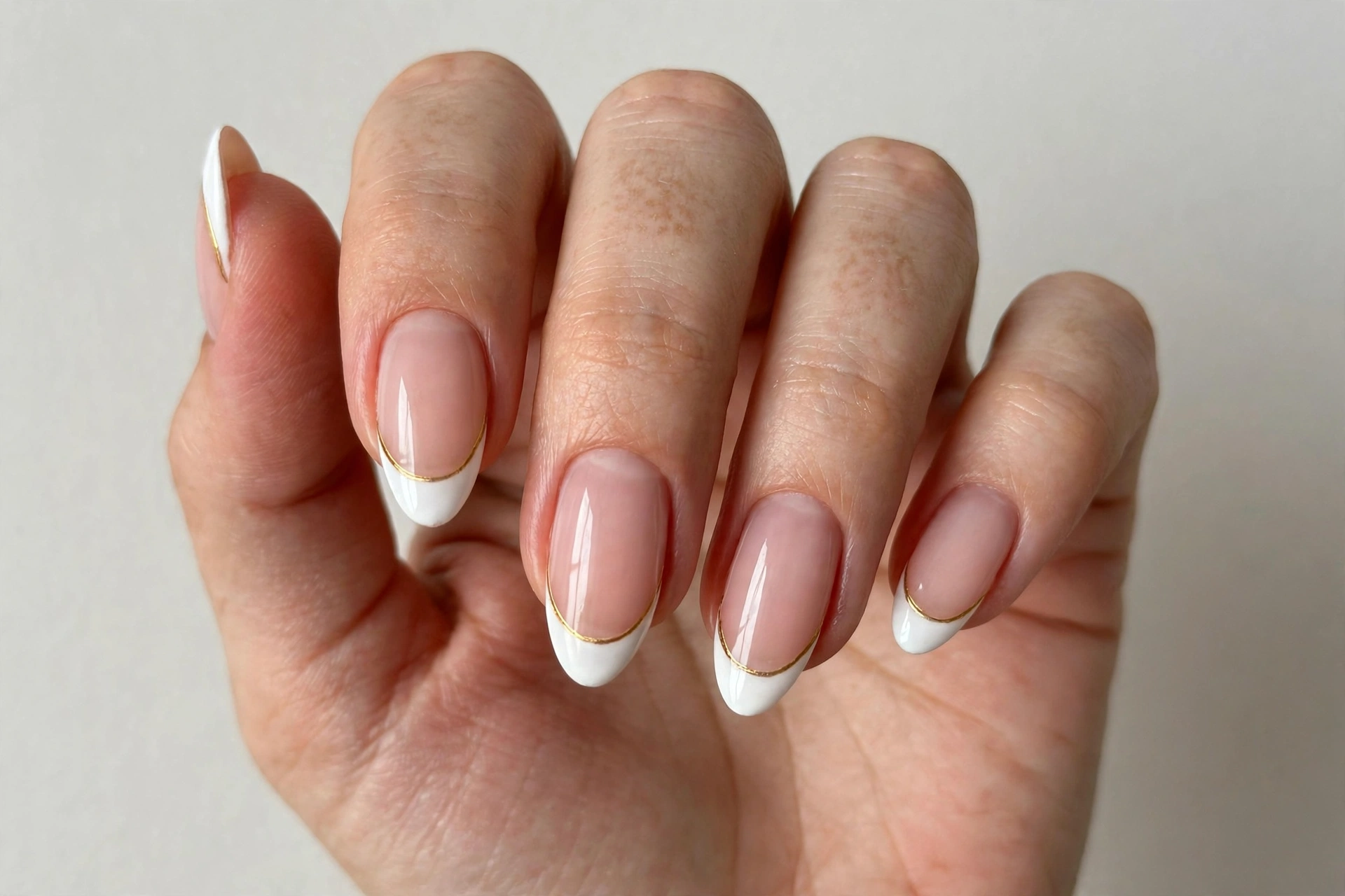 French manicure with a thin gold outline tracing the white tips
