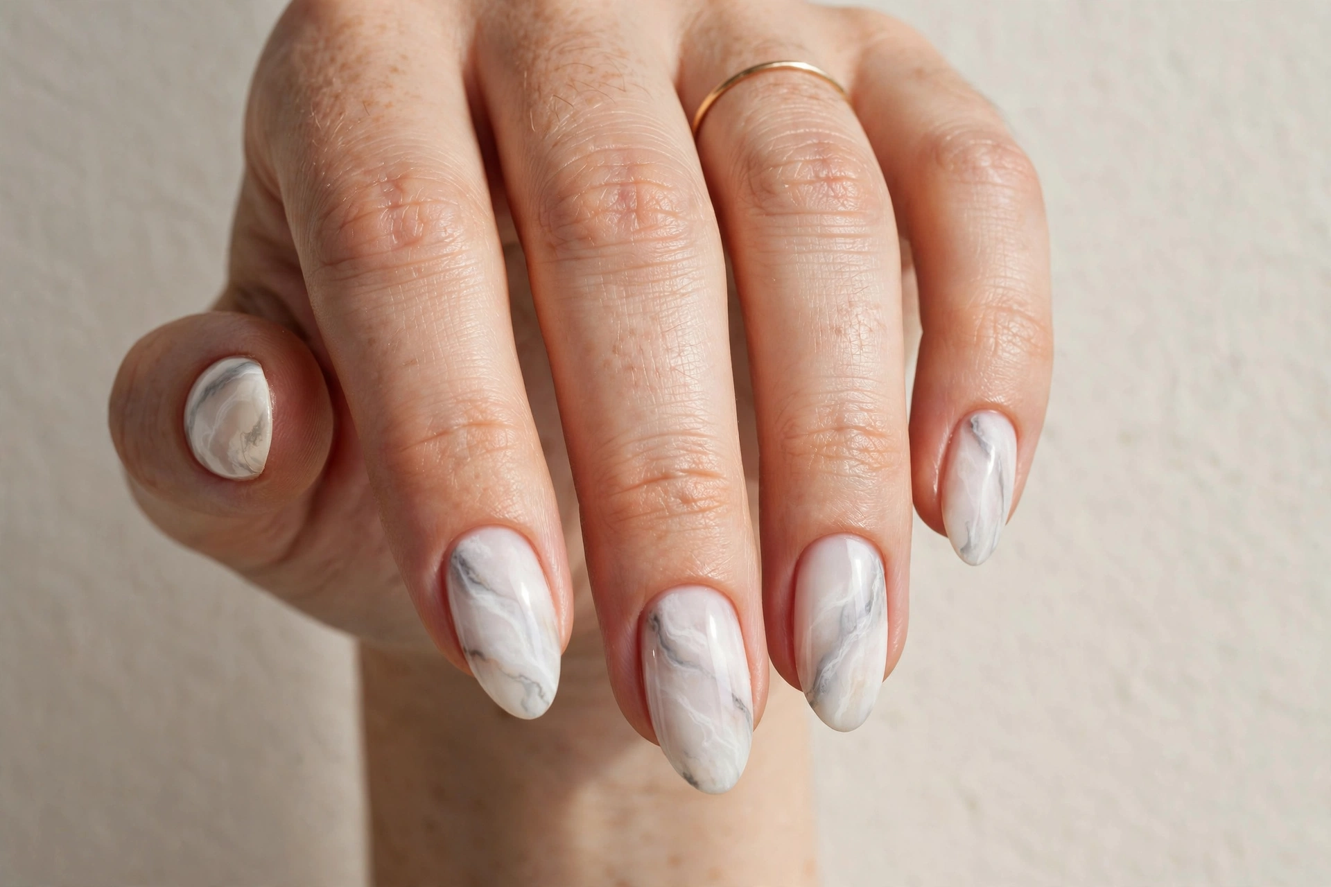 Milky white marble manicure with soft gray veining