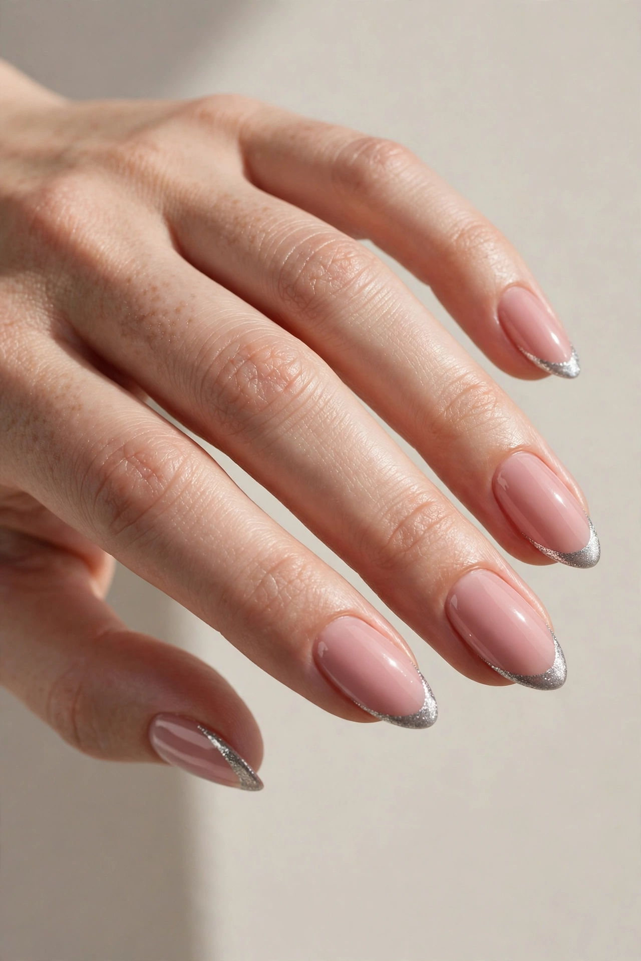 Blush pink manicure with metallic silver French tips