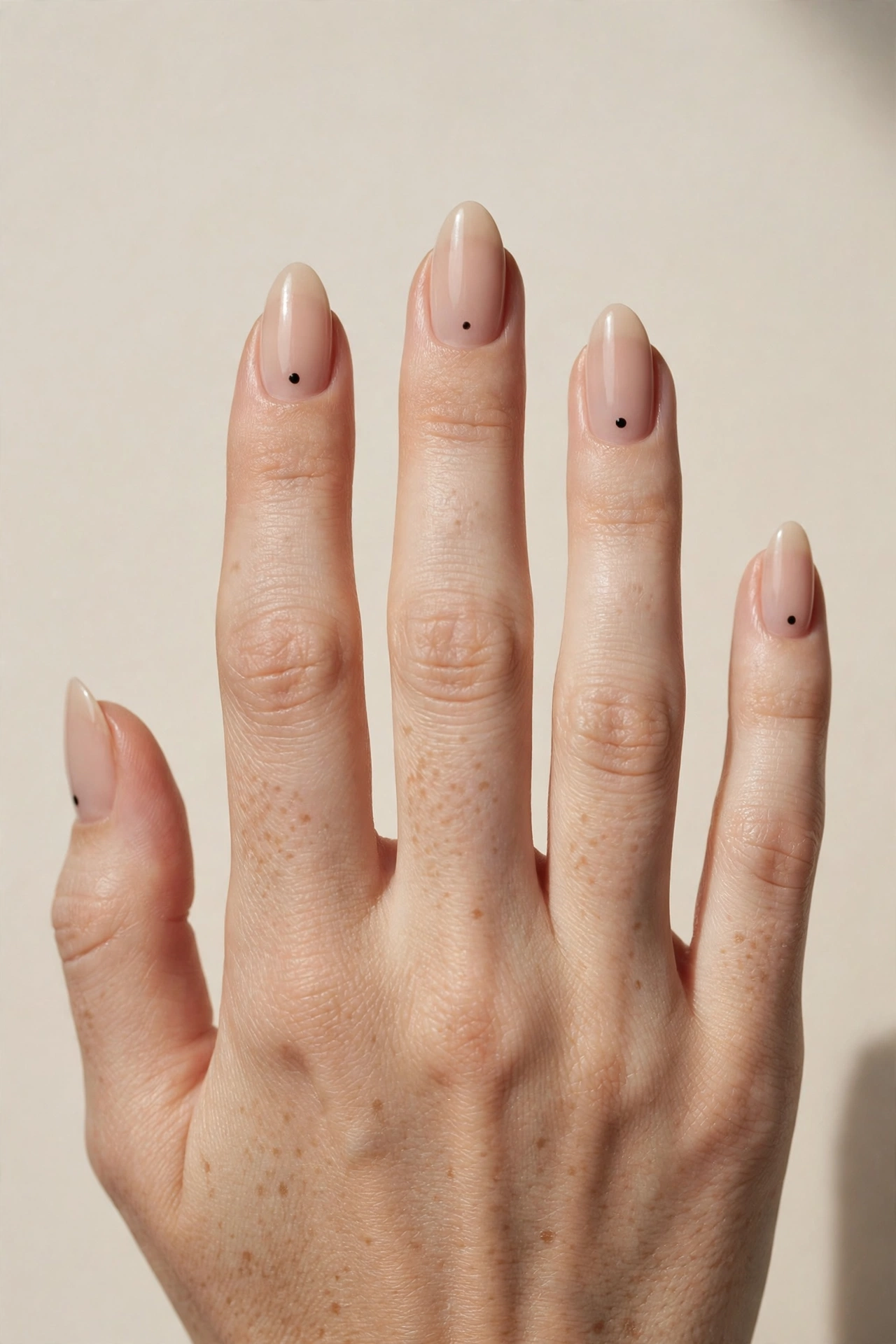 Minimalist nude manicure with a single small dot on each nail